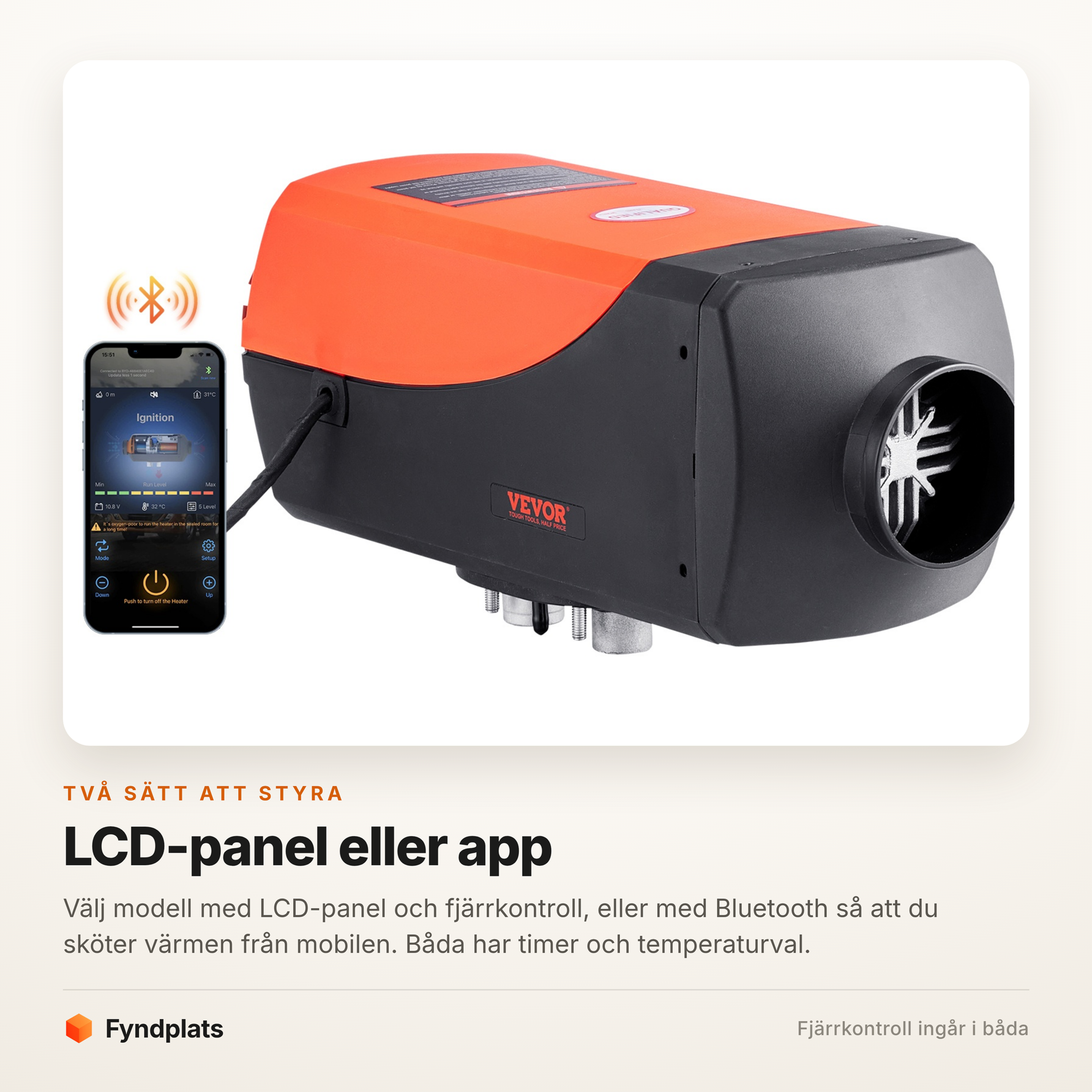 Fyndplats-kort om de två styrsätten: LCD-panel med fjärrkontroll eller Bluetooth-app