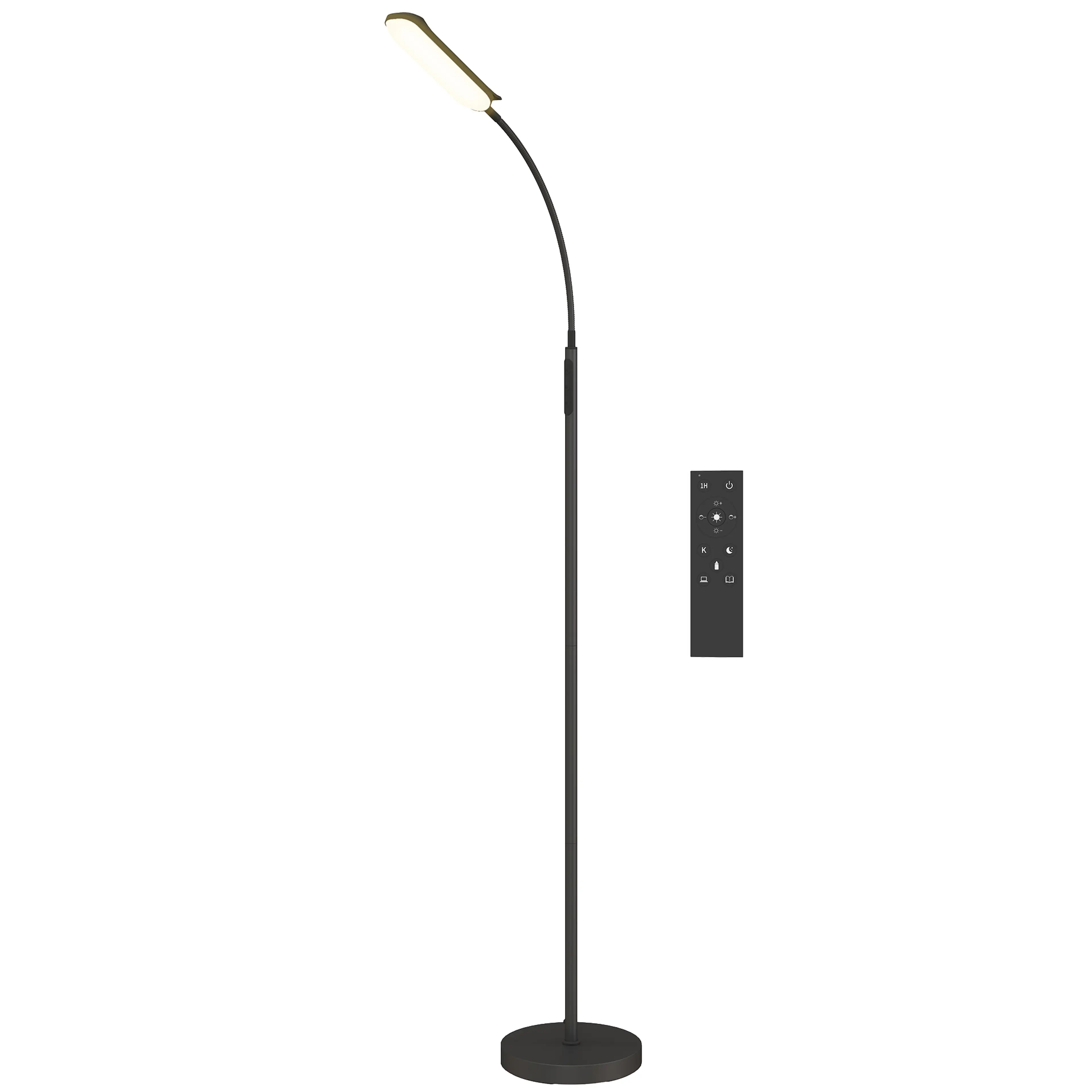 Svart golvlampa med böjlig svanhals och magnetisk fjärrkontroll på stolpen