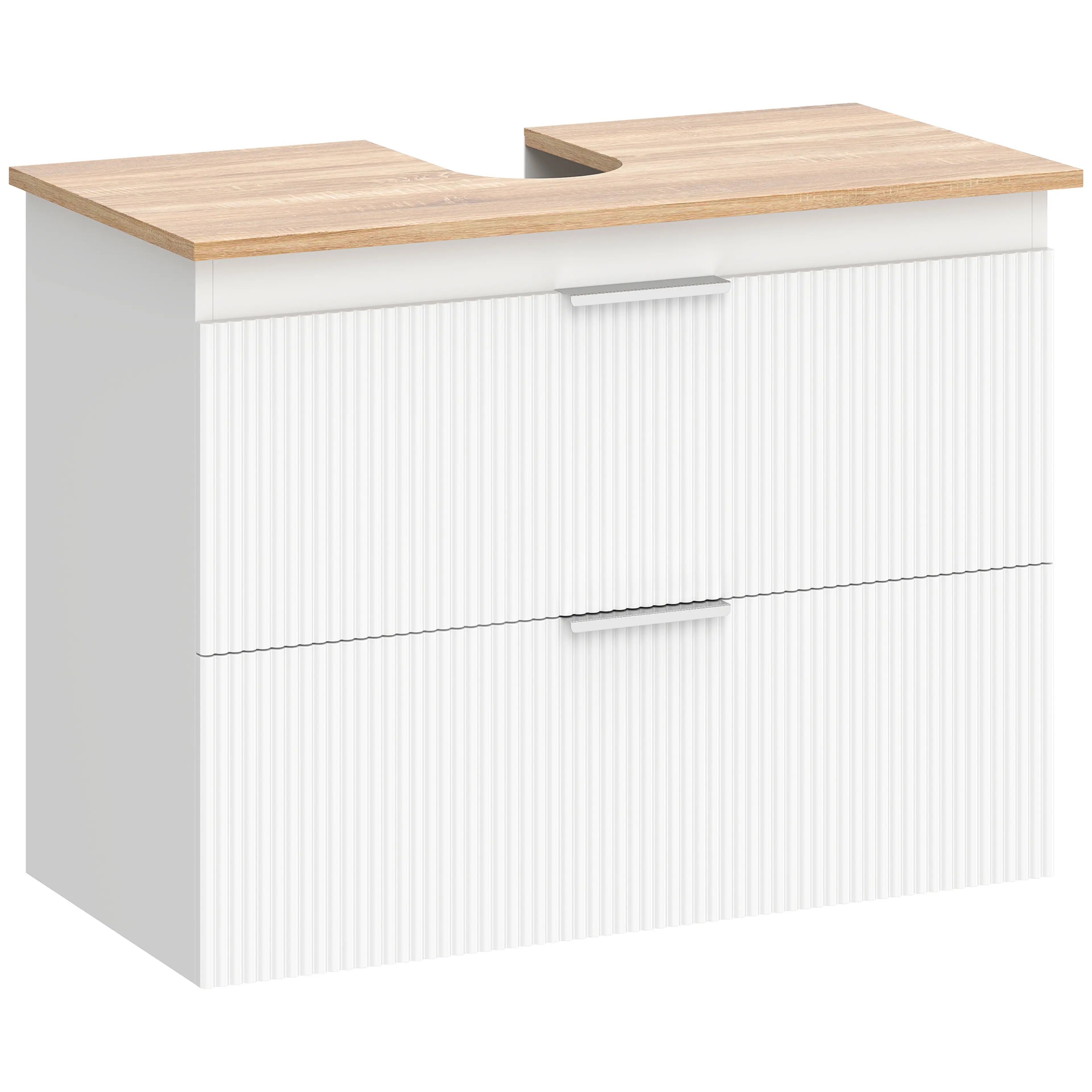 Vitt tvättställsskåp med två räfflade lådor och skiva i trälook med urtag för rören, på vit bakgrund
