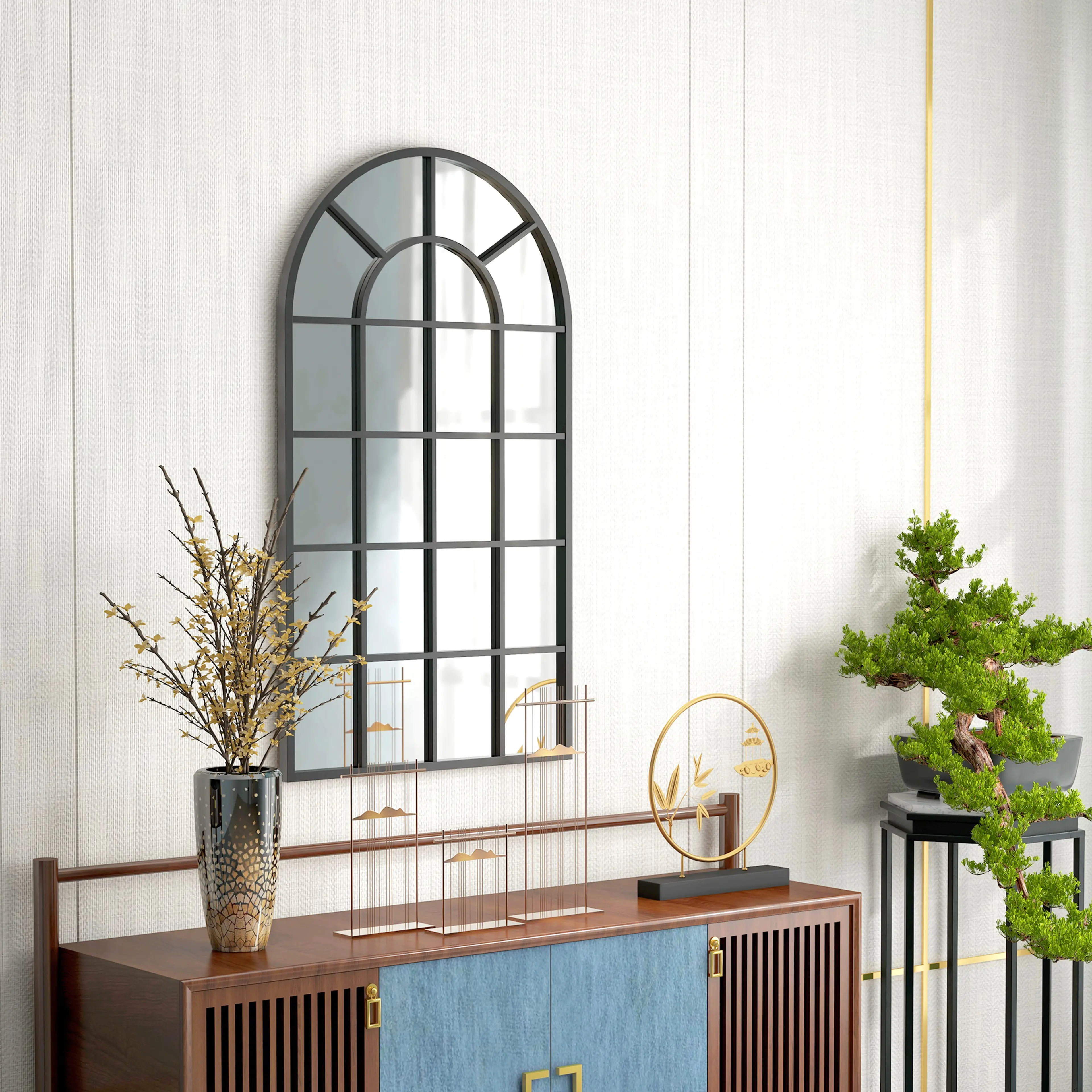 Fönsterspegeln över en sideboard med vaser och en bonsai