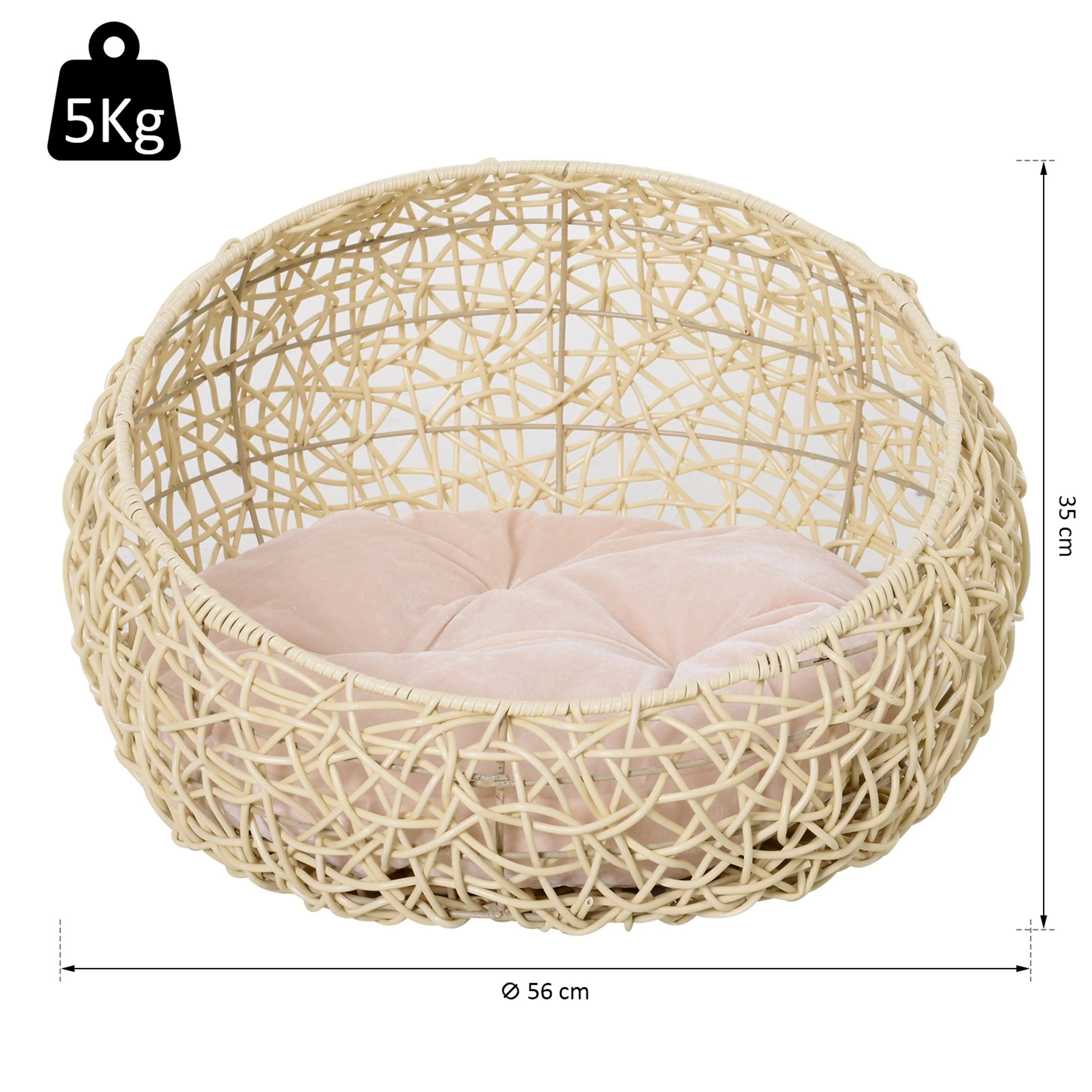 Måttritning av kattsängen: diameter 56 cm och 35 cm hög, märkt för 5 kg