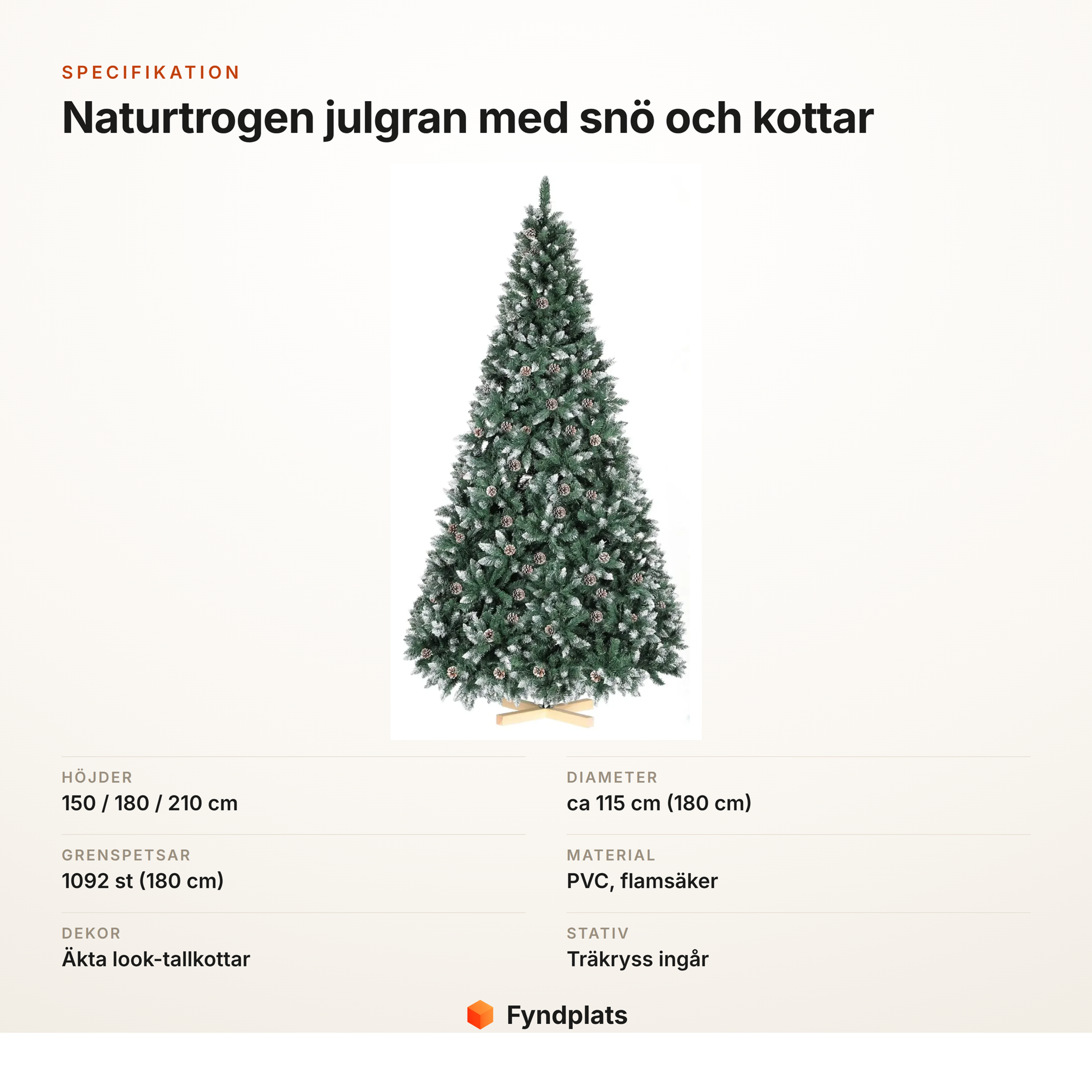 Specifikationskort för konstgjord julgran med snö, 150 till 210 cm