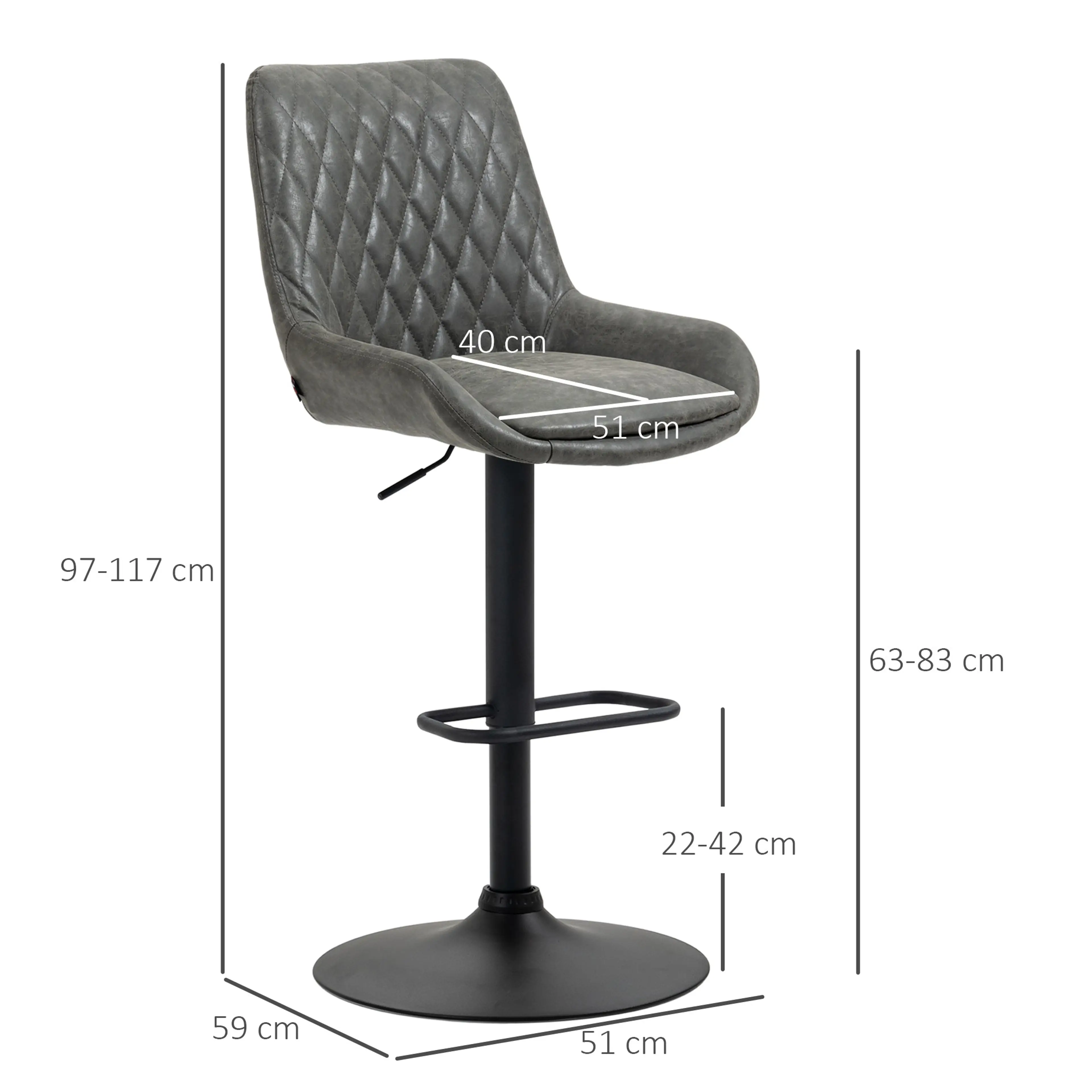 Måttskiss: 51 cm bred, 59 cm djup, 97–117 cm hög, sitthöjd 63–83 cm