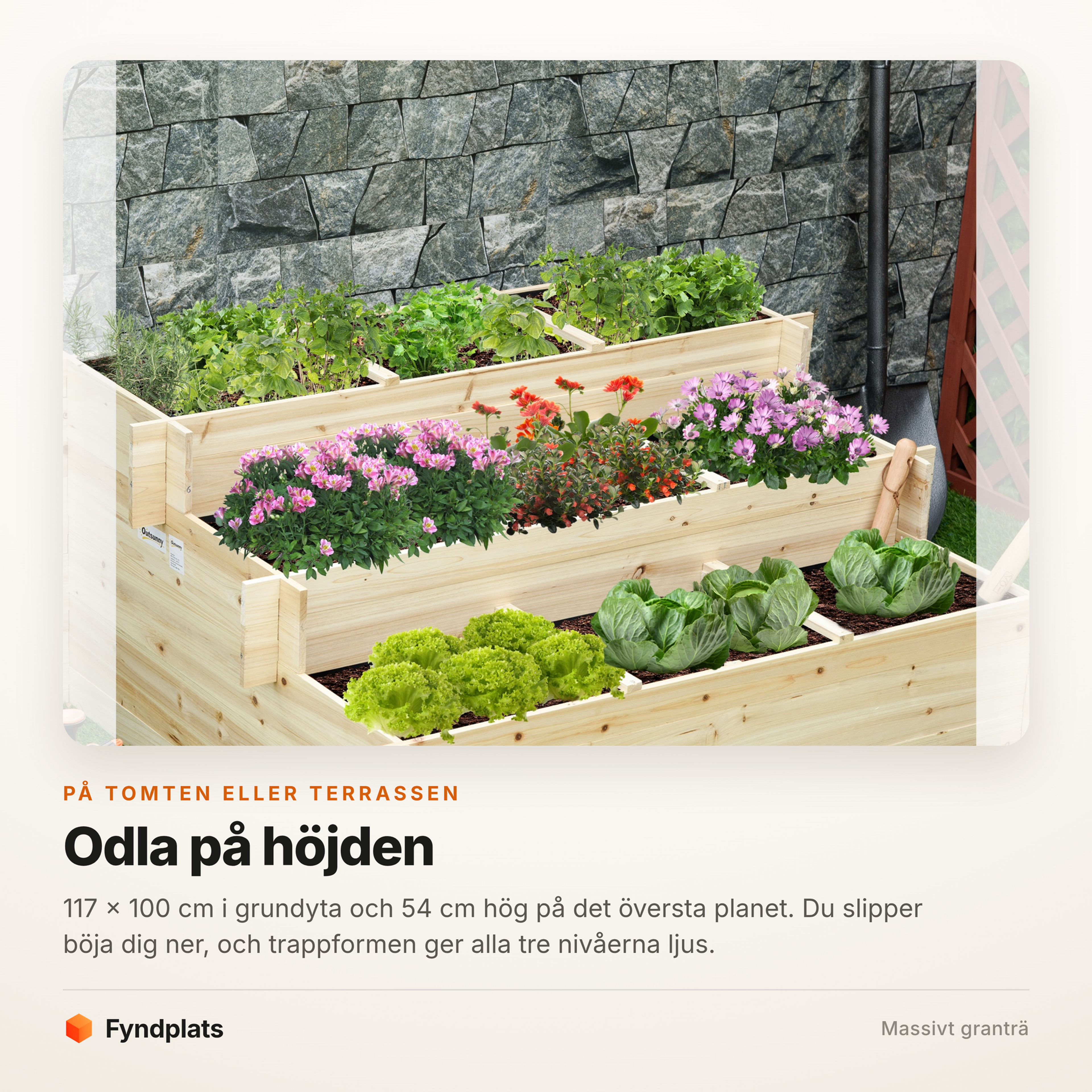 Fyndplats faktakort: odlingslåda 117 × 100 cm planterad med grönsaker och blommor mot en stenmur