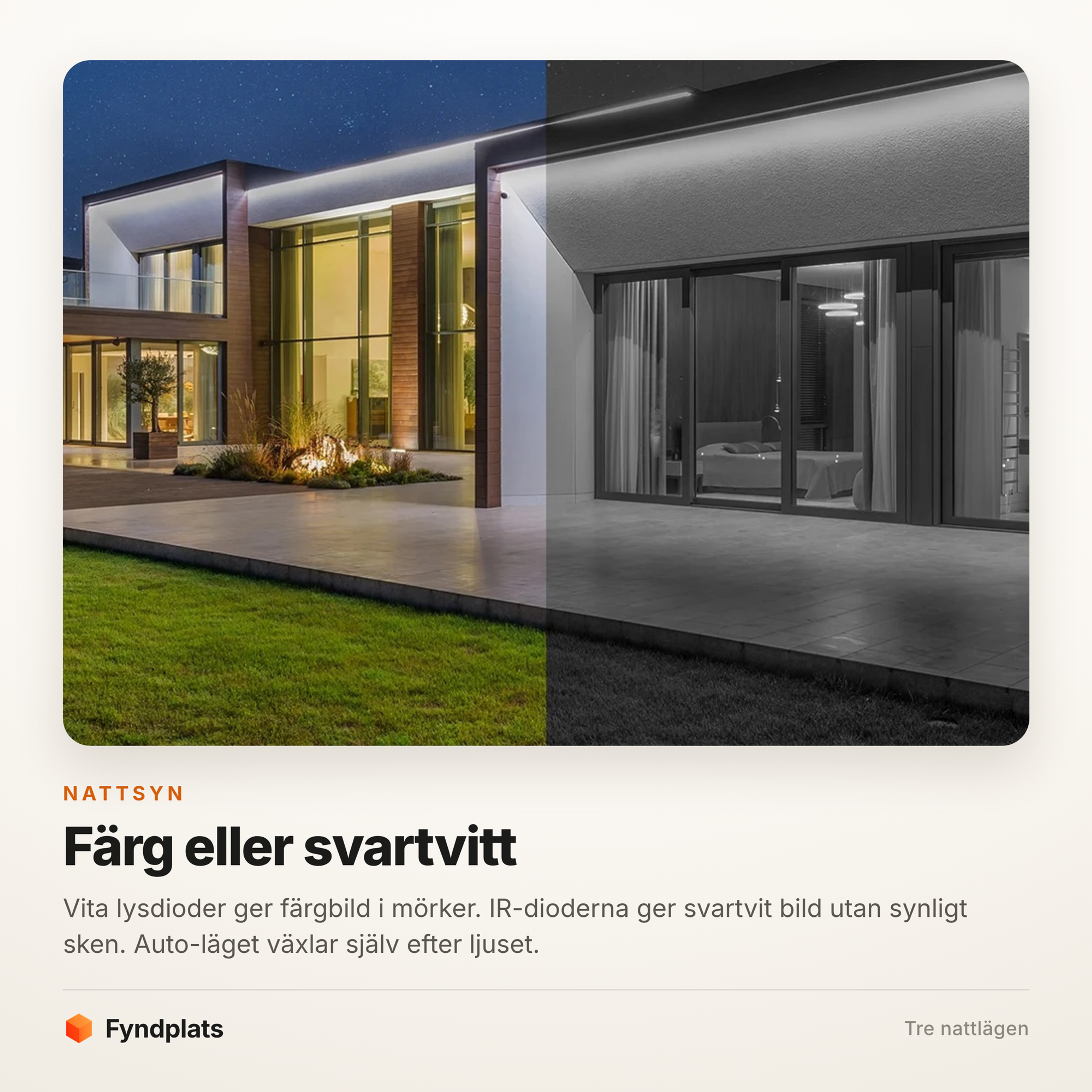 Nattsyn i färg med vitt ljus eller svartvitt med IR-dioder