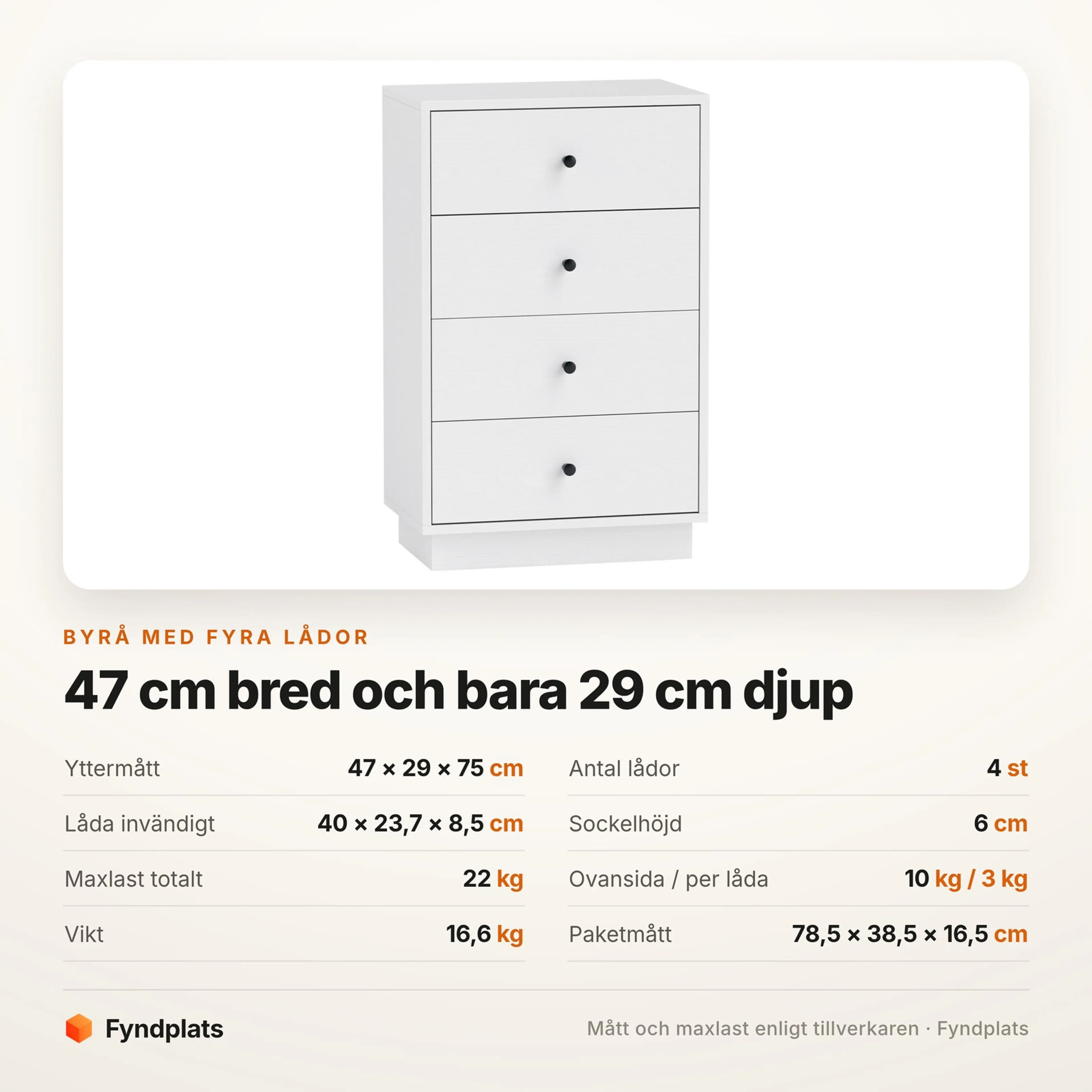 Spec-kort med mått och maxlast för byrån med fyra lådor