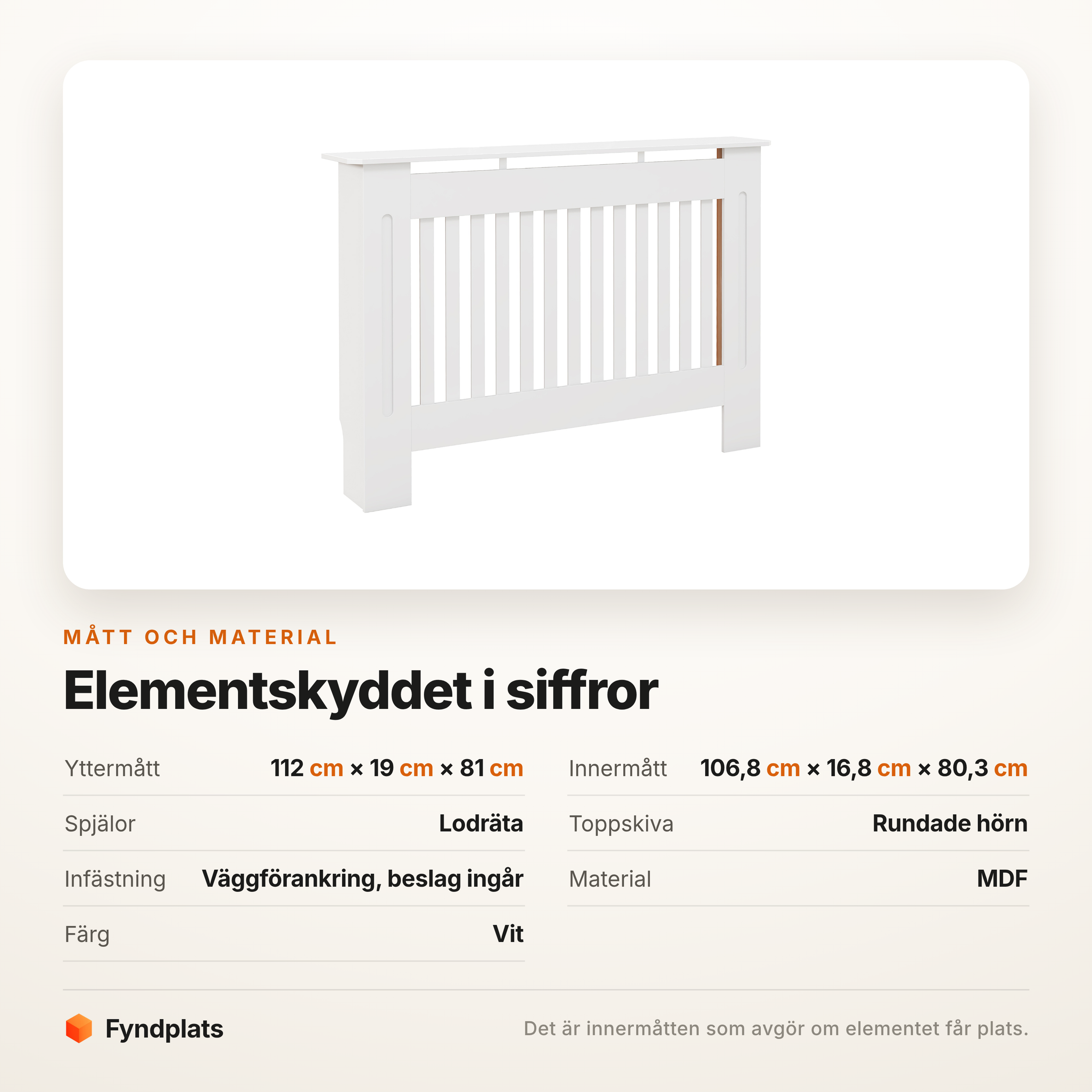 Specifikationstabell för elementskyddet: ytter- och innermått samt material