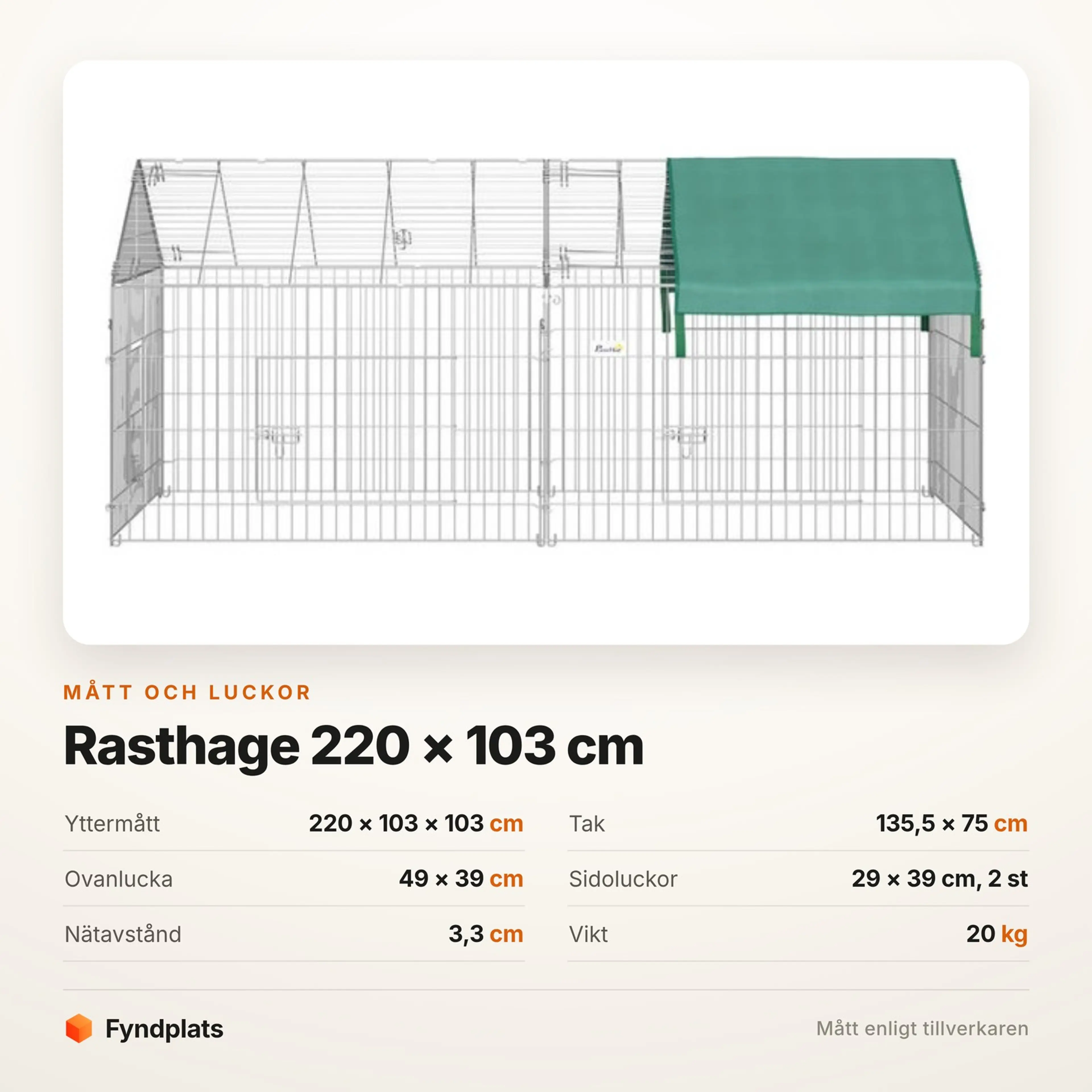 Faktakort: hagen 220 × 103 × 103 cm, tak 135,5 × 75 cm och 3,3 cm mellan trådarna