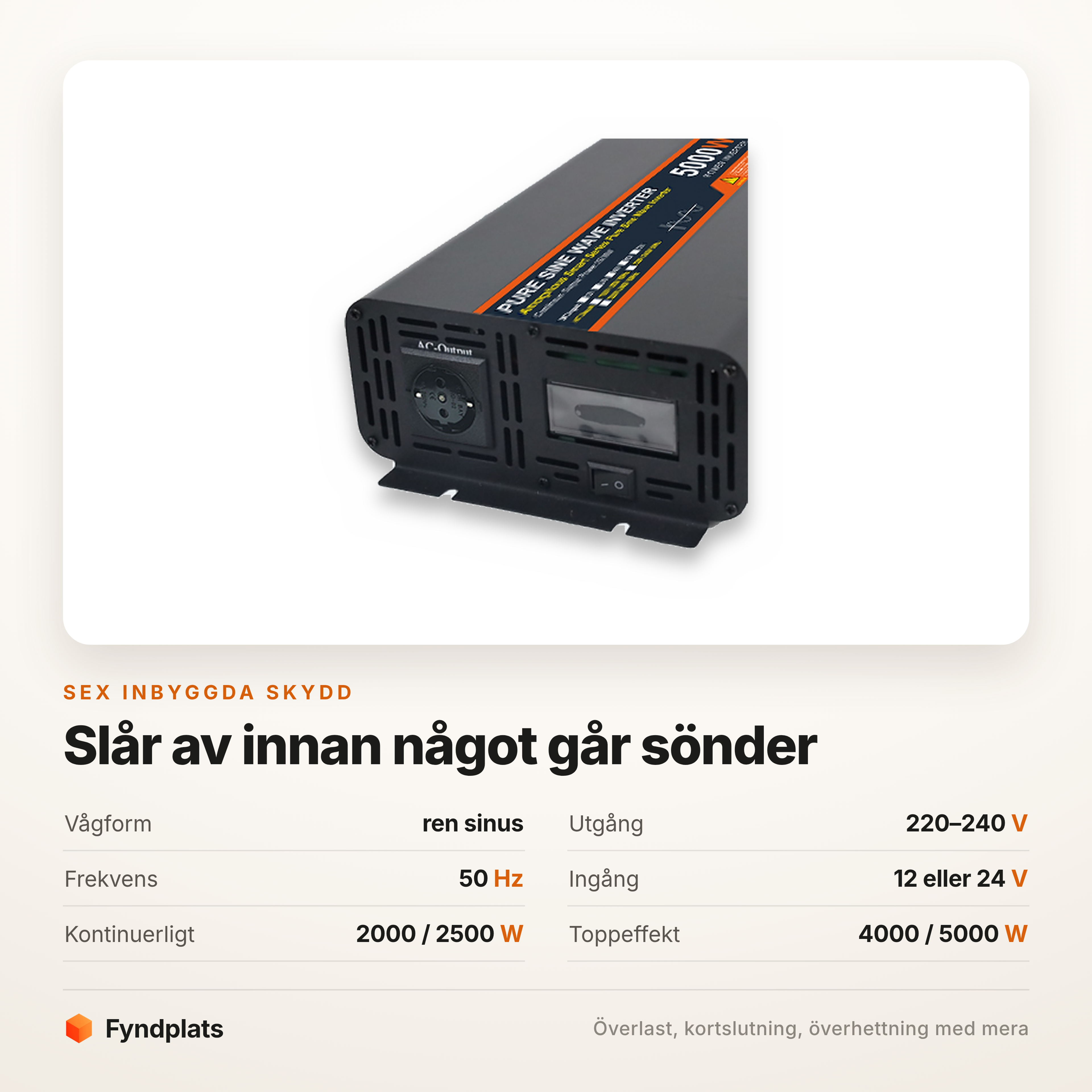 Specifikationer för ren sinus-växelriktare – 220–240 V ut och sex inbyggda skydd