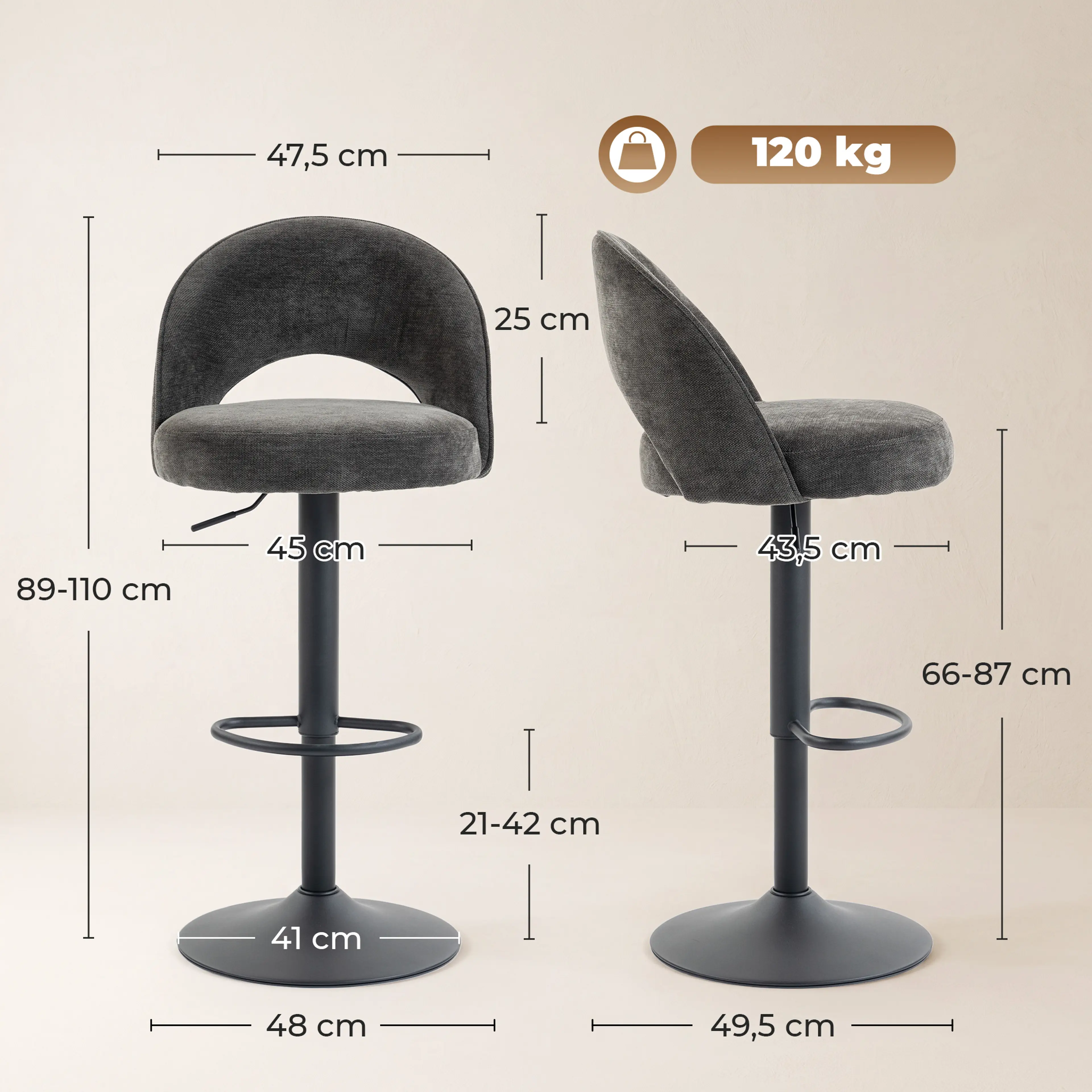 Måttbild: barstolen är 89–110 cm hög, sitthöjden 66–87 cm och foten Ø41 cm