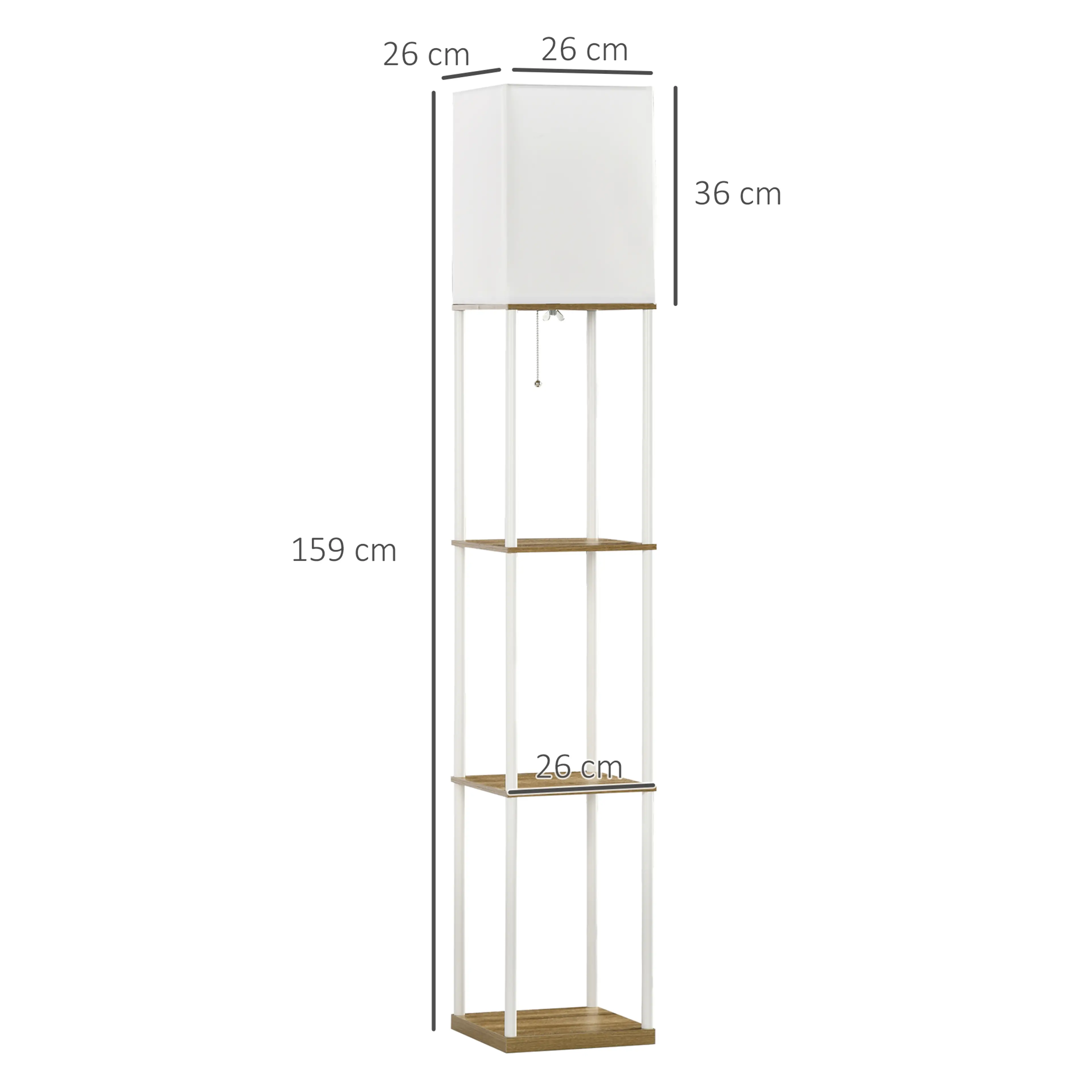 Måttritning med skärmens 26 cm bredd, 36 cm höjd och lampans 159 cm