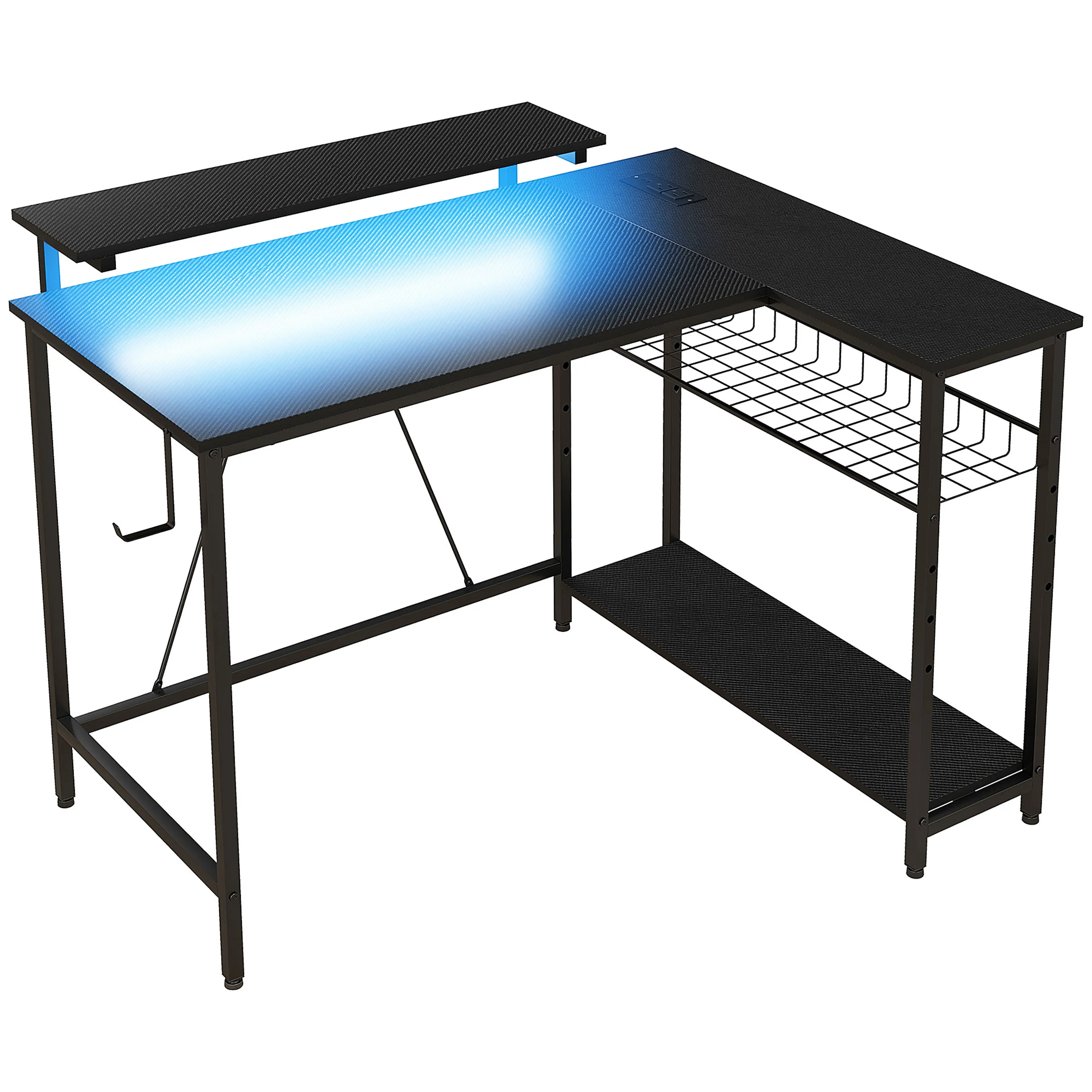 Gamingbord 107 cm i L-form med LED, två eluttag och skärmhylla
