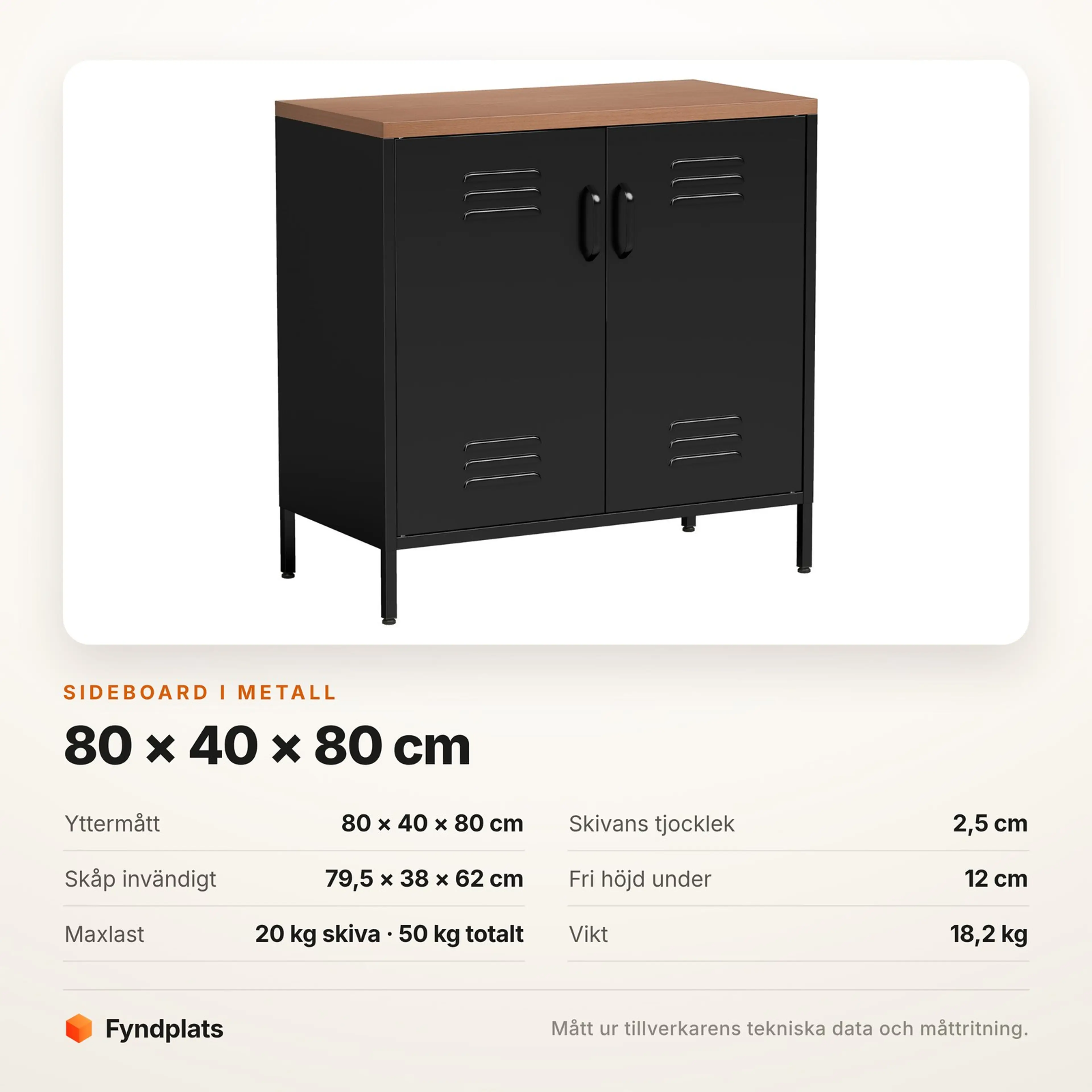 Specifikationskort för metallsideboardet med yttermått, invändiga mått och maxlast