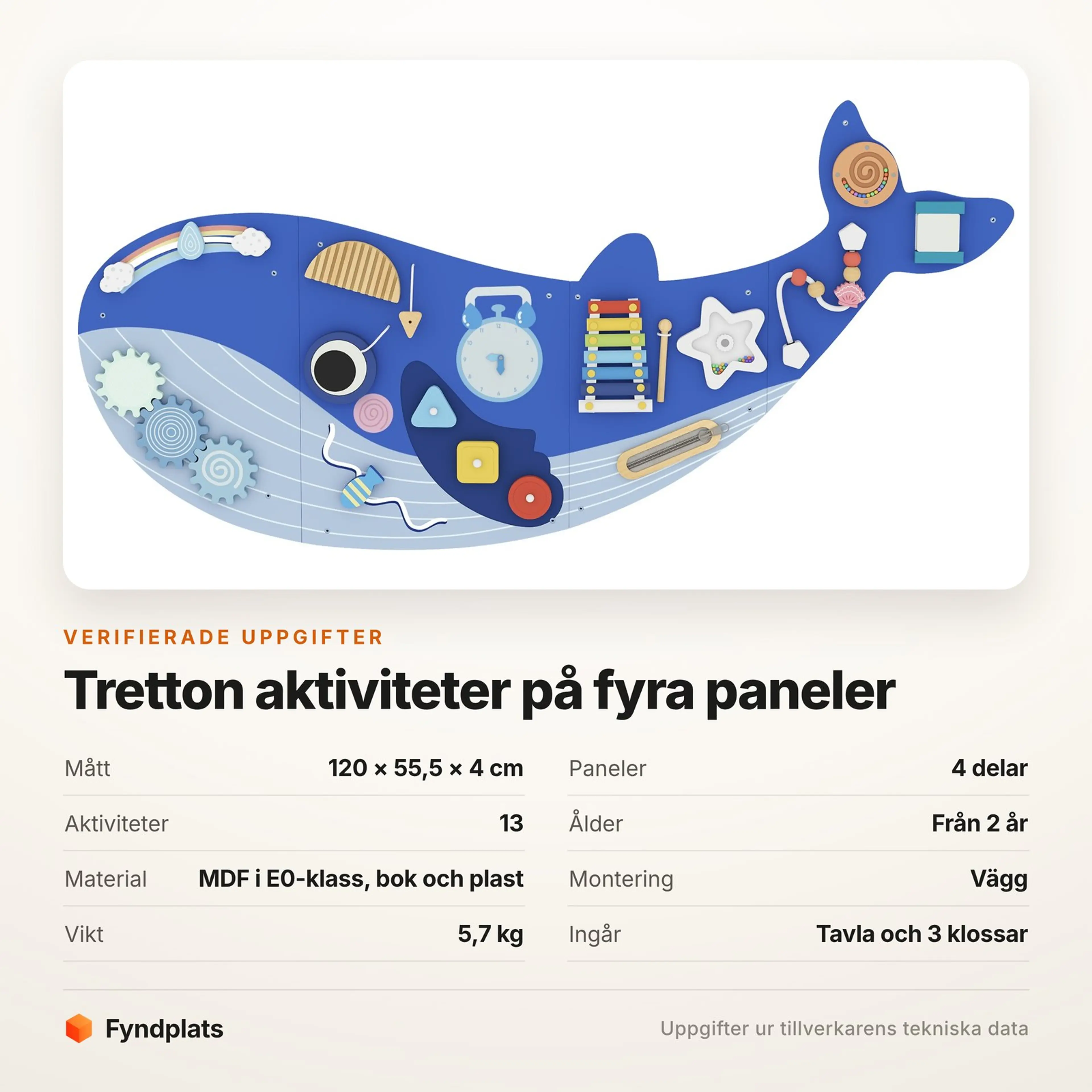 Specifikationer för motorikbrädan: 120 × 55,5 × 4 cm, fyra paneler, tretton aktiviteter och från 2 år