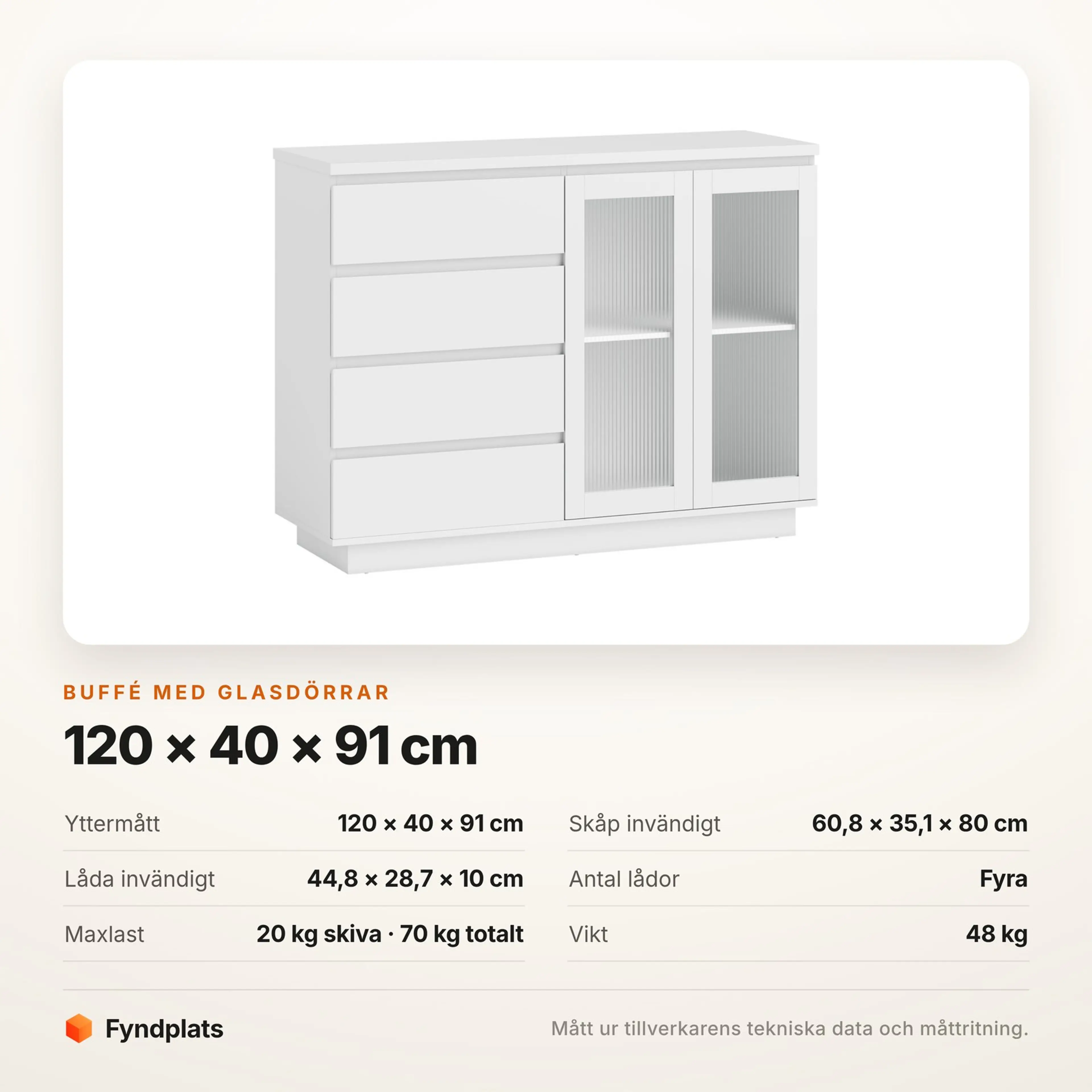 Specifikationskort för buffén med yttermått, skåpmått, lådmått och maxlast
