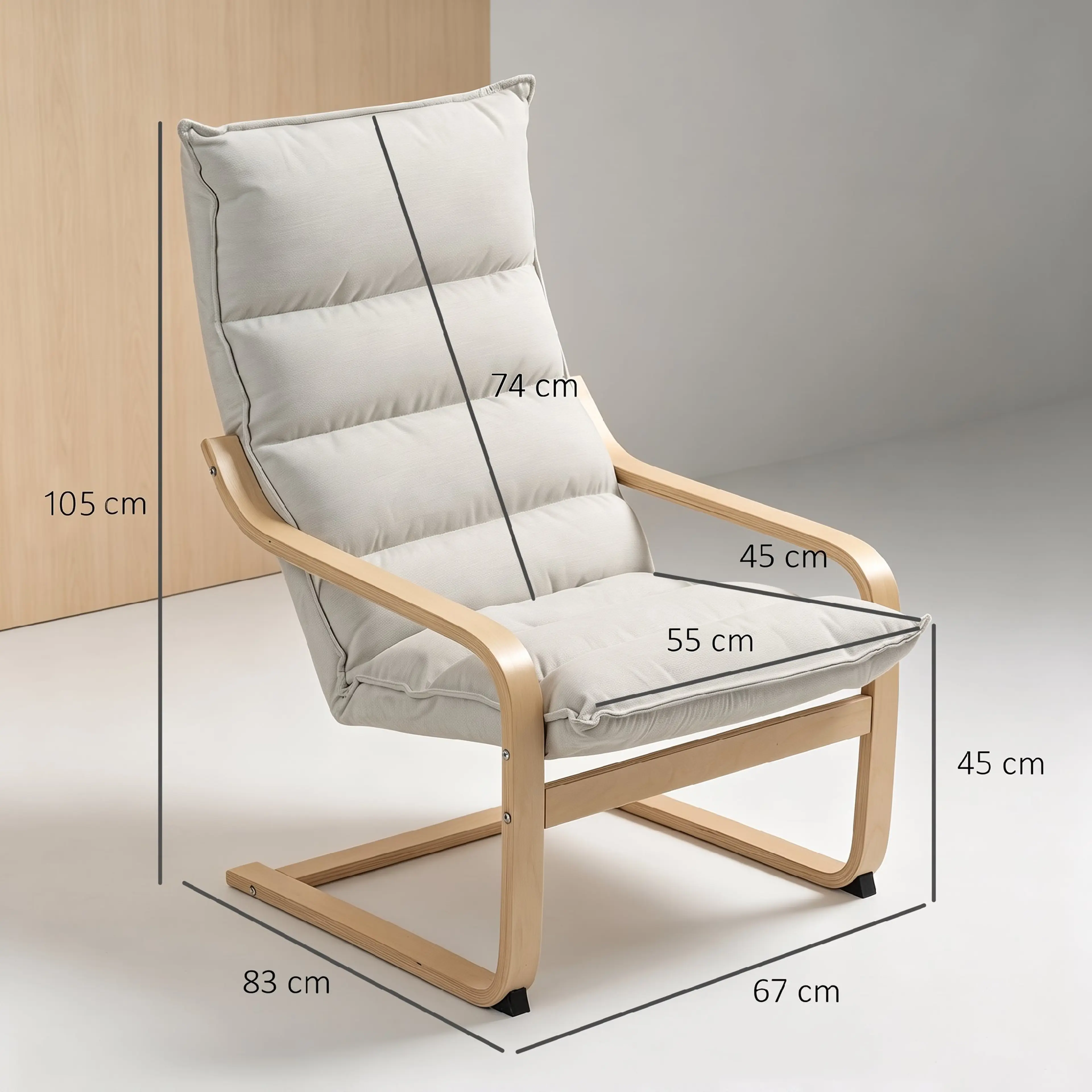 Måttskiss: 67 × 83 × 105 cm, sits 55 × 45 cm, armstöd 51 cm över golv