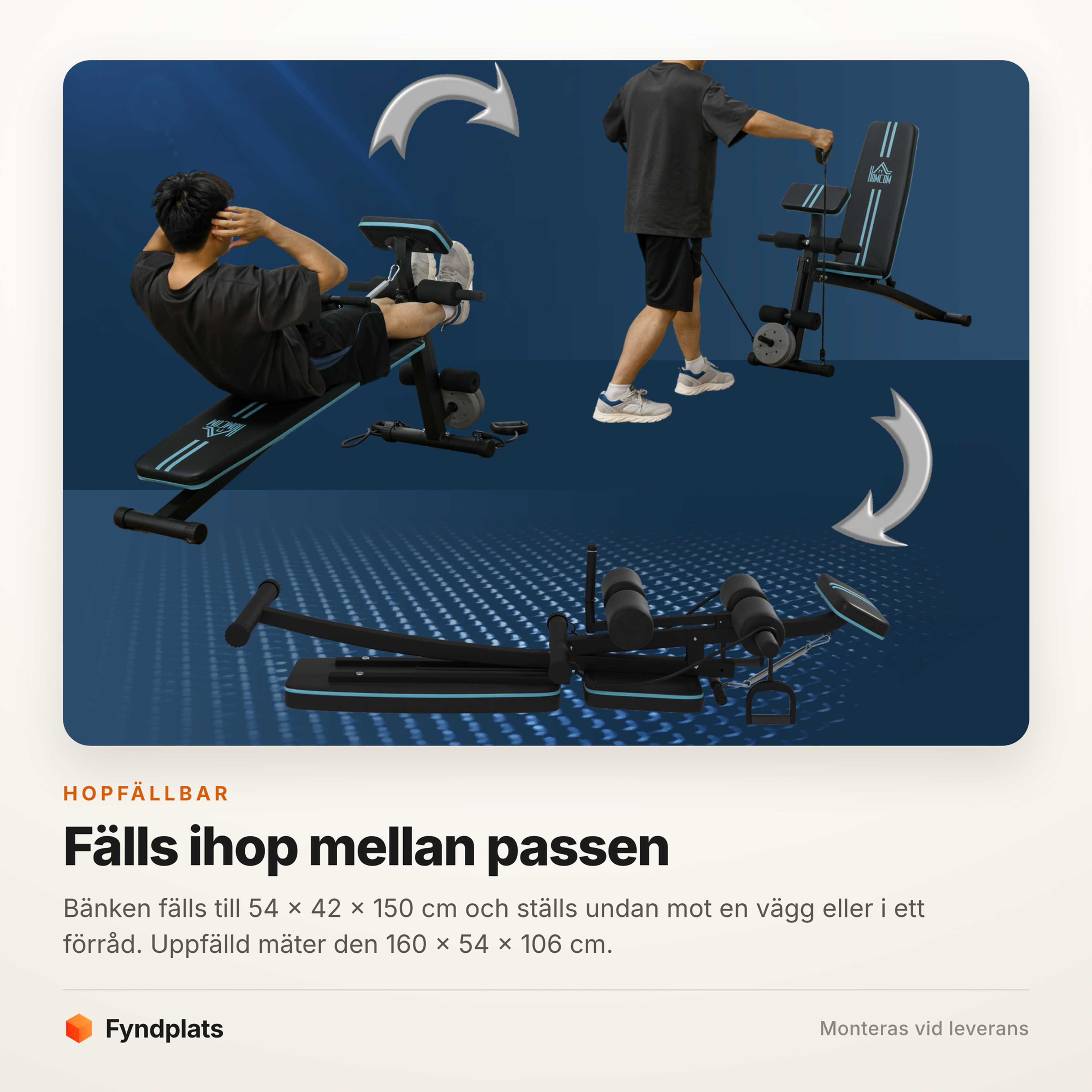 Fyndplats faktakort: träningsbänken hopfälld till 54 × 42 × 150 cm för förvaring