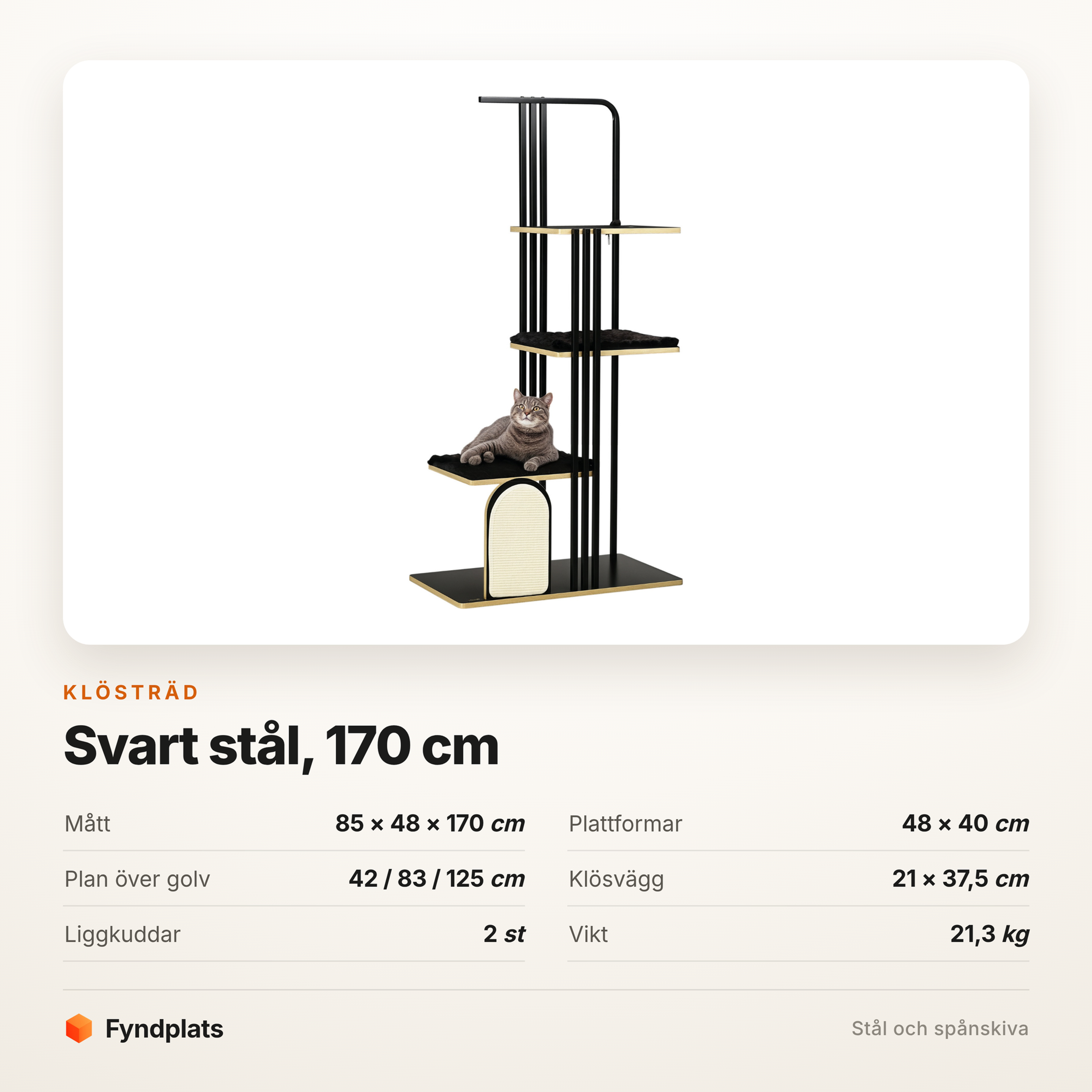 Klösträd i svart stål 170 cm – tre plattformar, klösvägg och två liggkuddar – bild 5