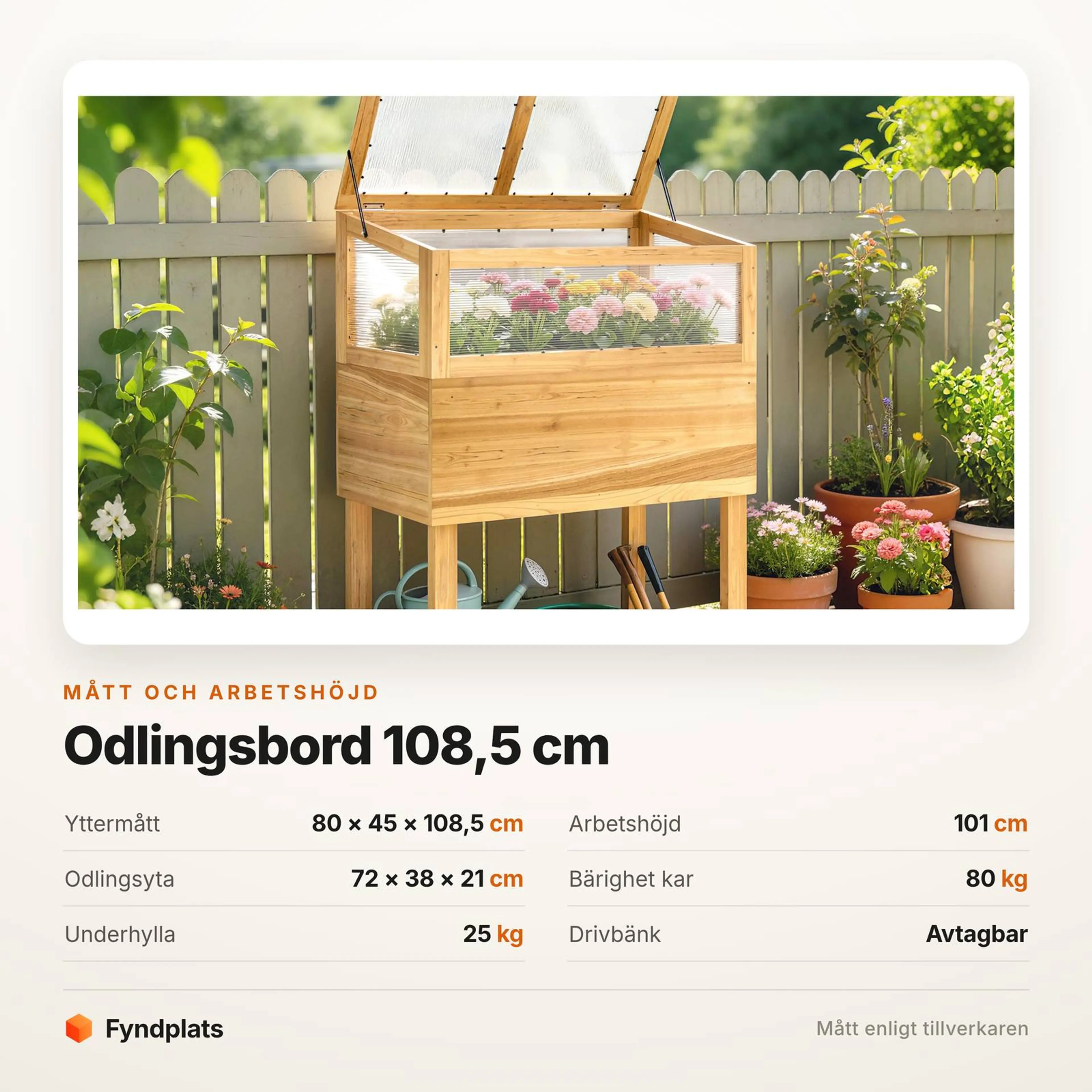 Specifikationstabell: yttermått 80 × 45 × 108,5 cm, arbetshöjd 101 cm och 80 kg bärighet