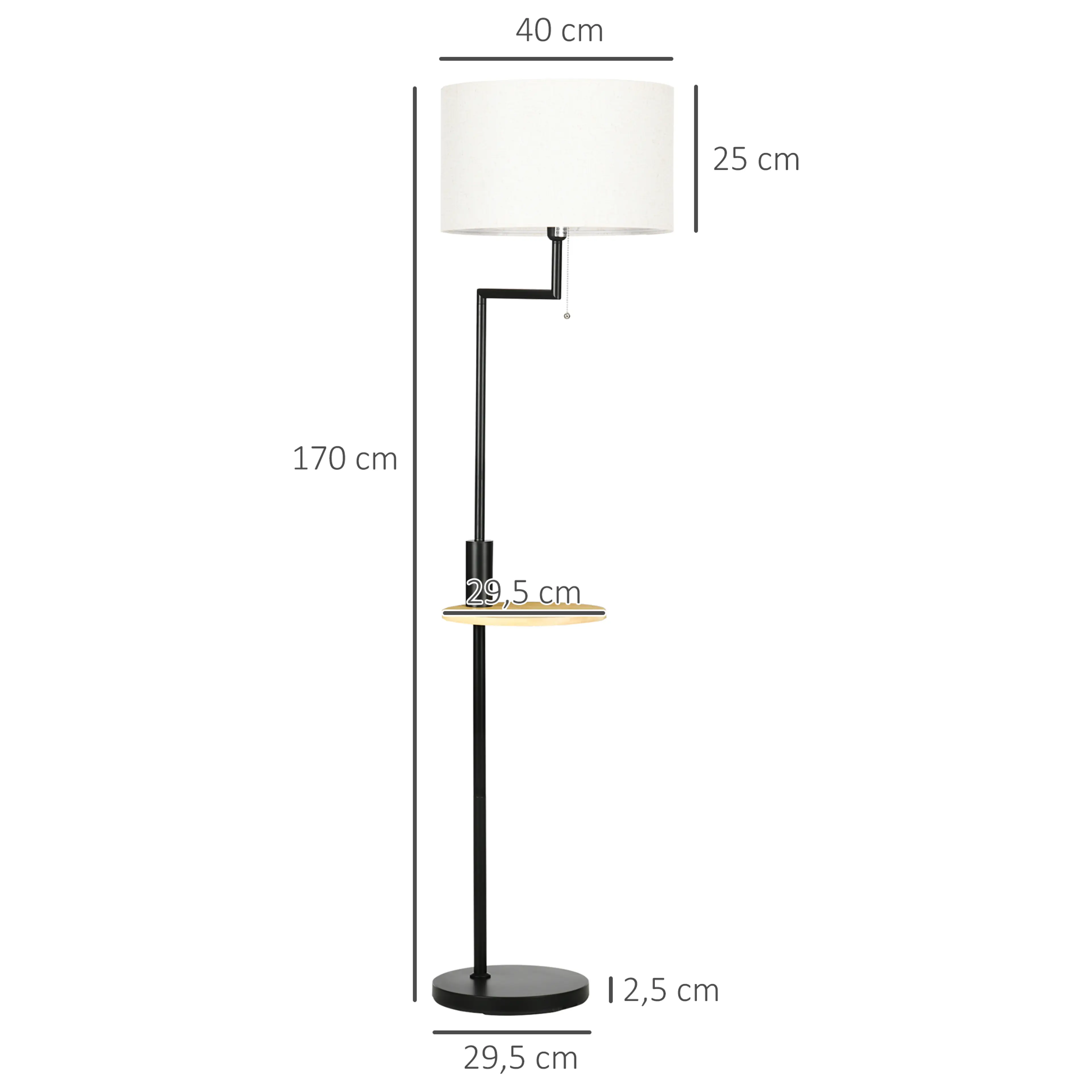 Måttritning med skärm Ø40 cm och 25 cm hög, totalhöjd 170 cm och fot Ø29,5 cm