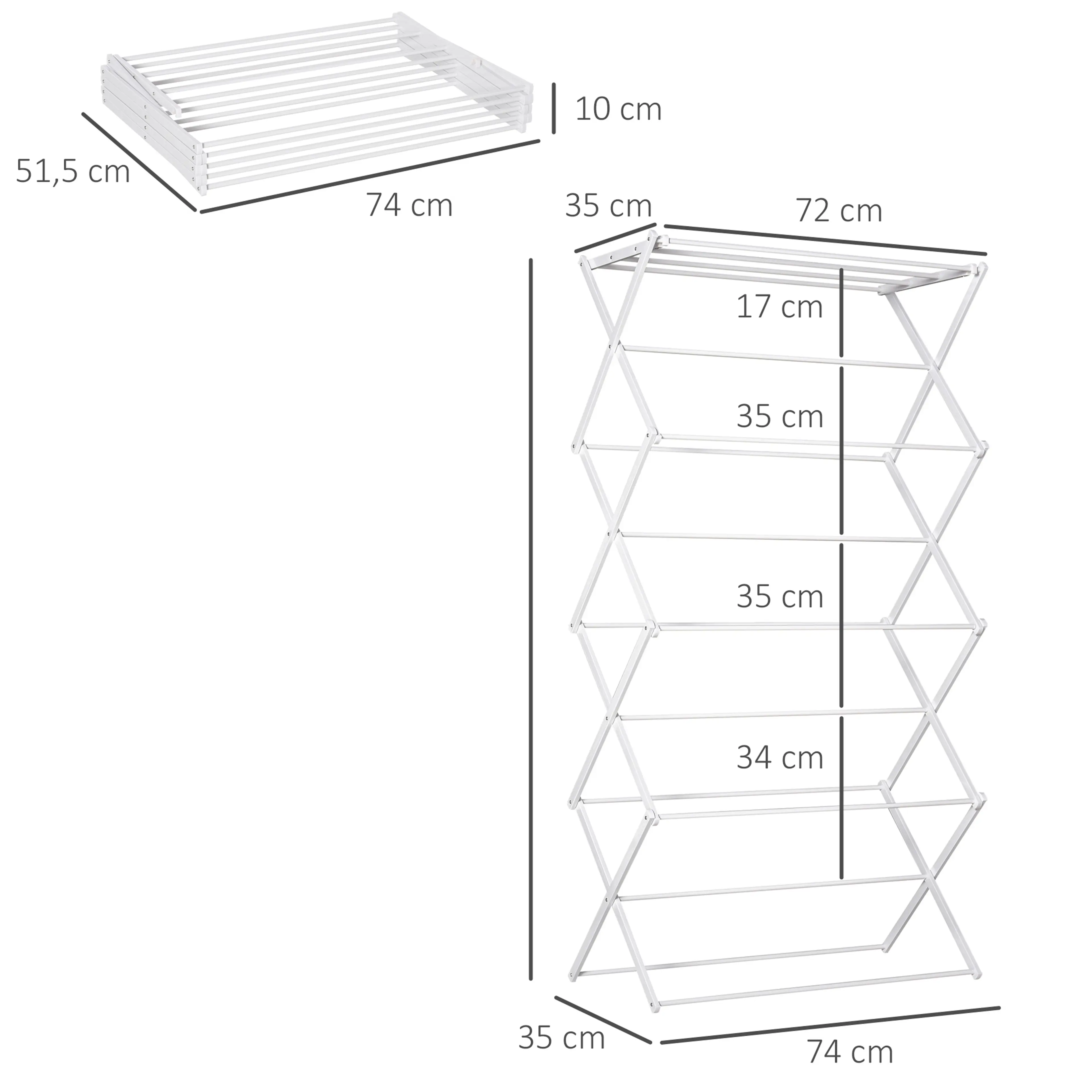 Måttritning: 74 × 35 × 144 cm och 10 cm hopfällt