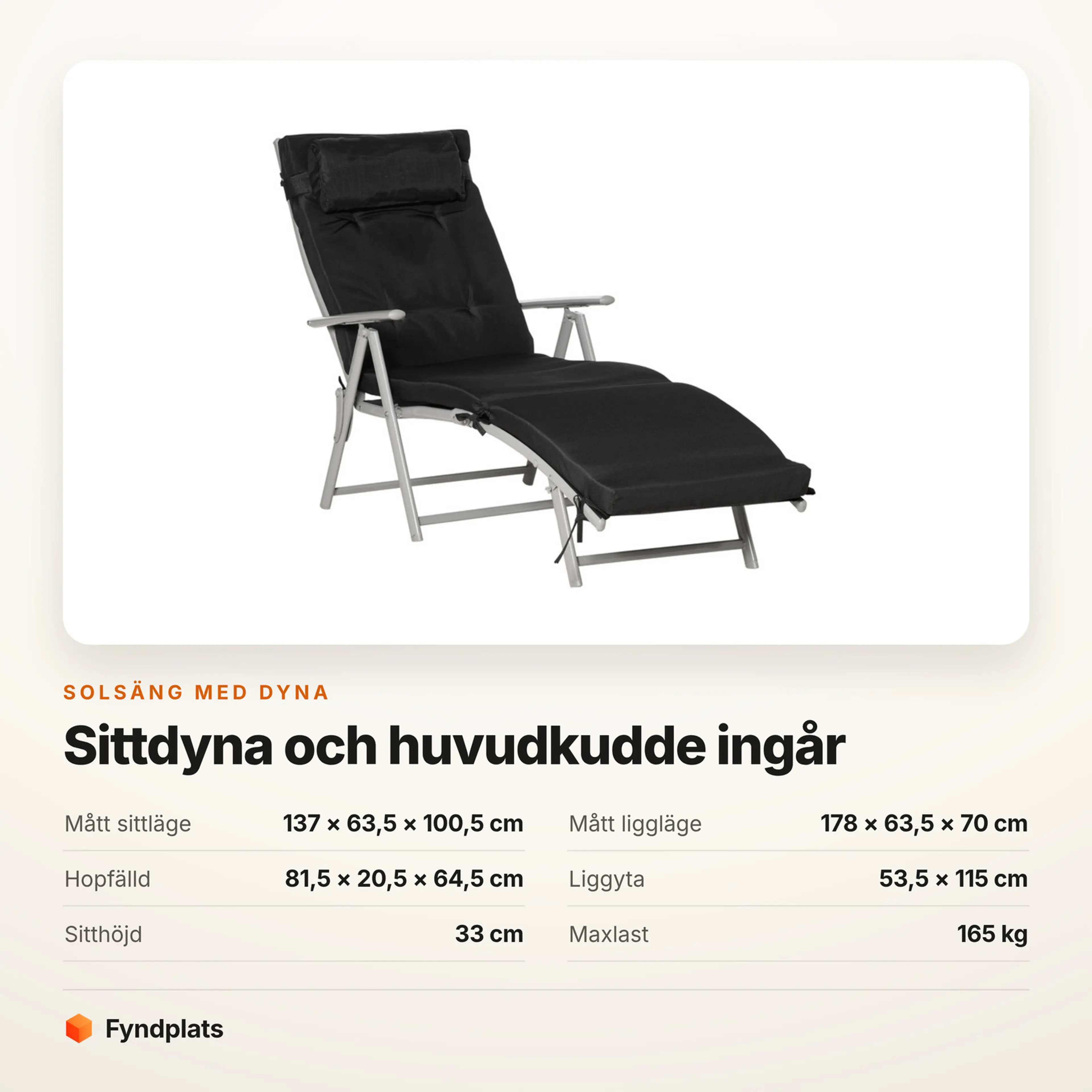 Faktakort: solsäng med dyna, mått, sitthöjd och maxlast