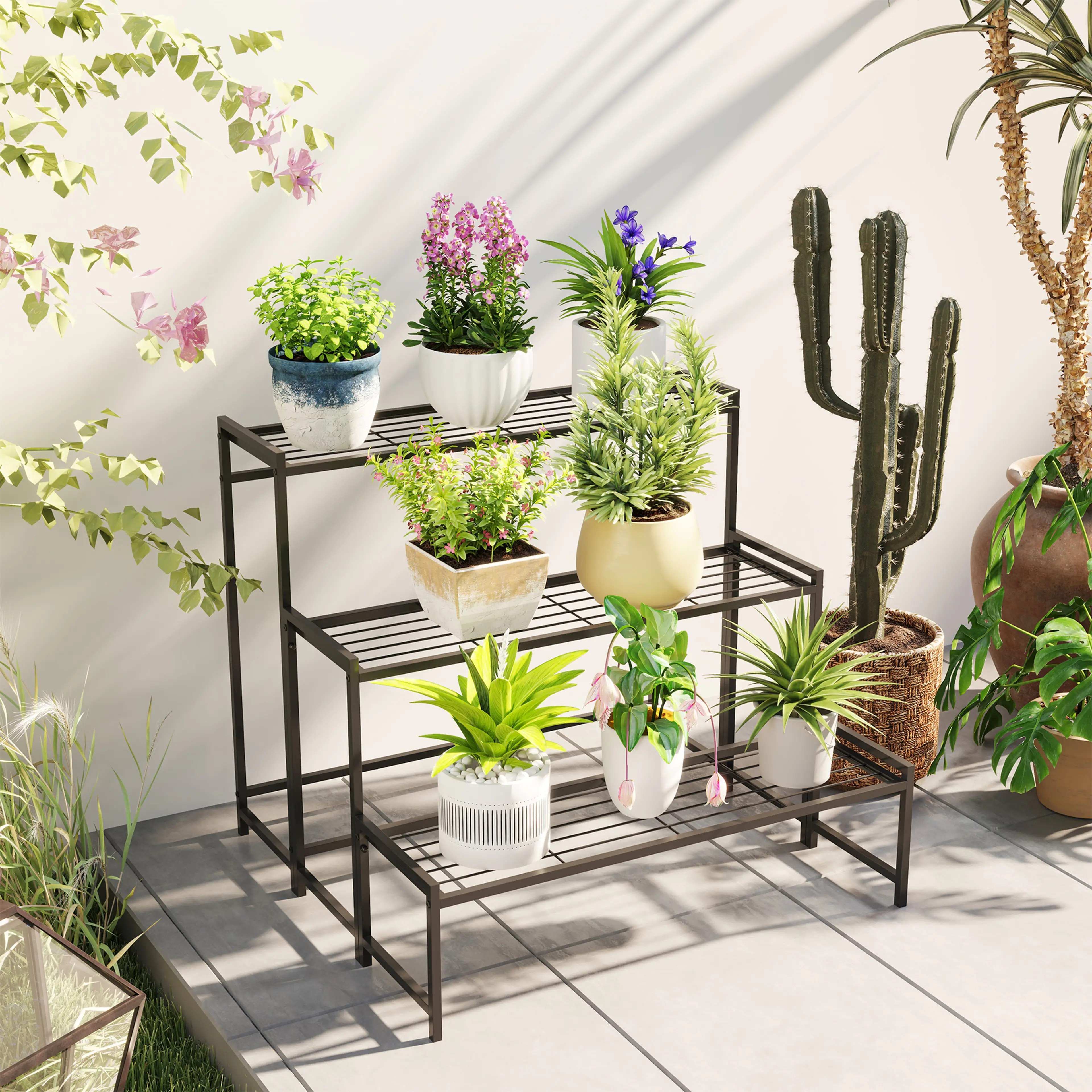 Blomstället med krukväxter bredvid en kaktus