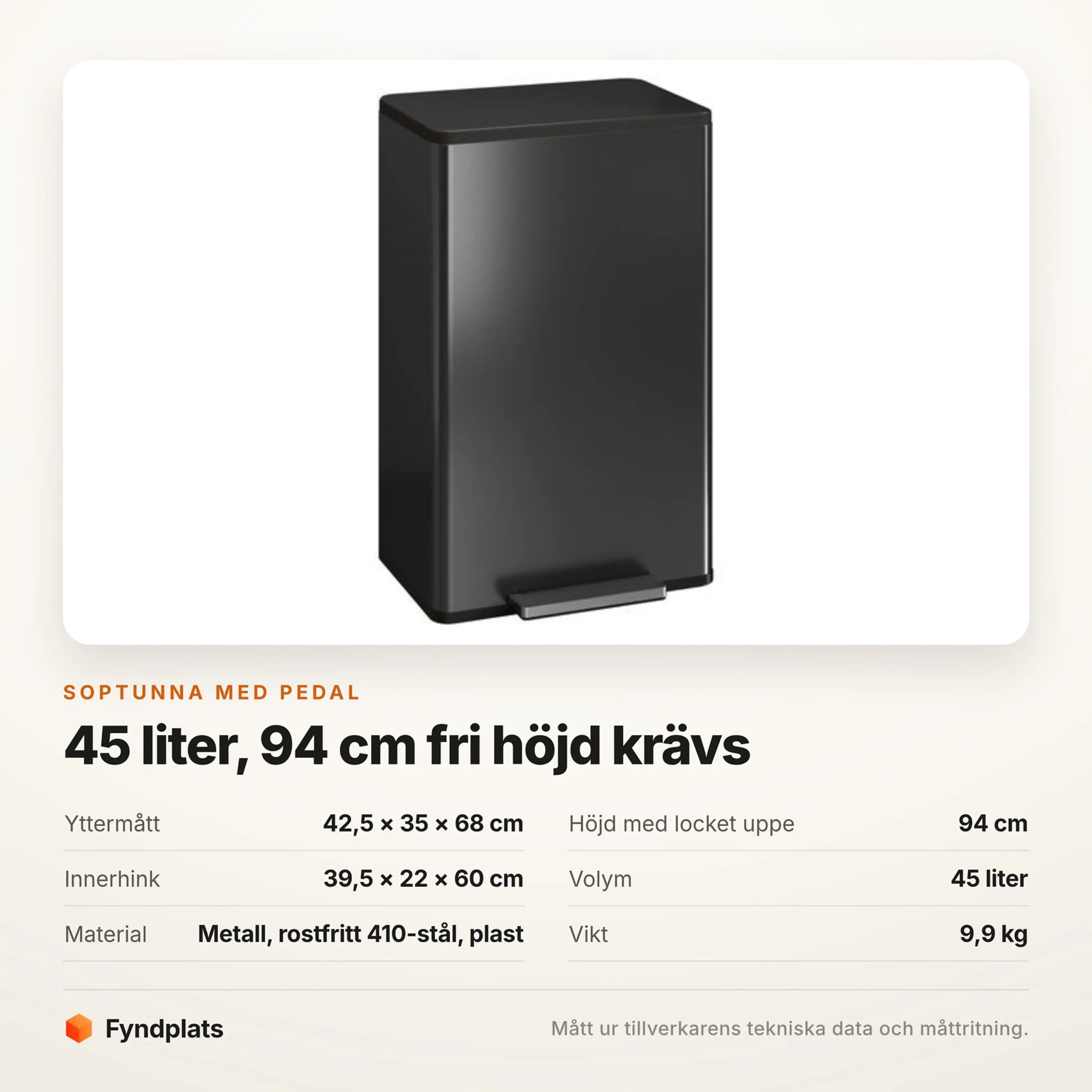 Specifikationskort för 45-literstunnan med mått, öppningshöjd och volym