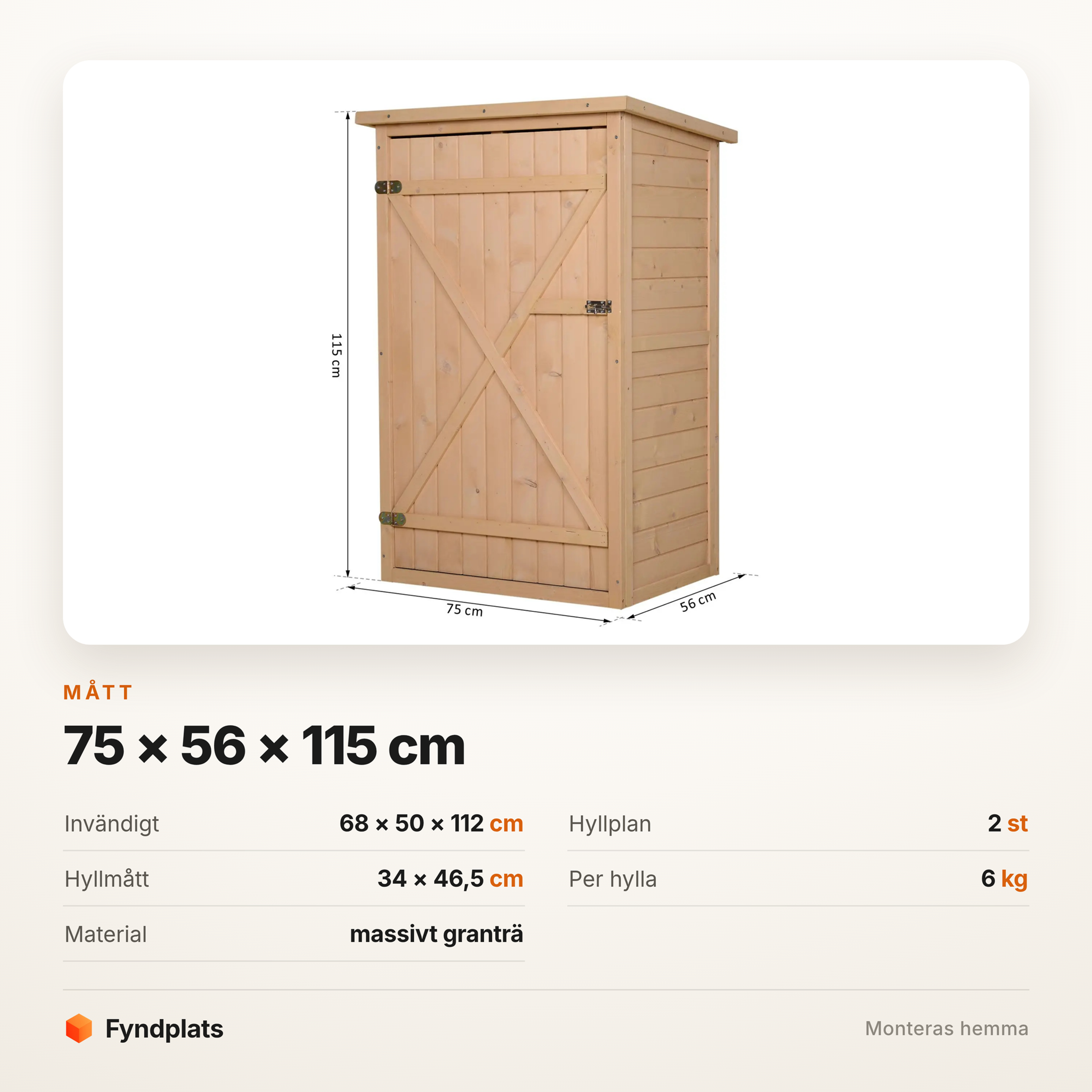 Måttkort för redskapsskåpet: 75 × 56 × 115 cm utvändigt och 68 × 50 × 112 cm invändigt