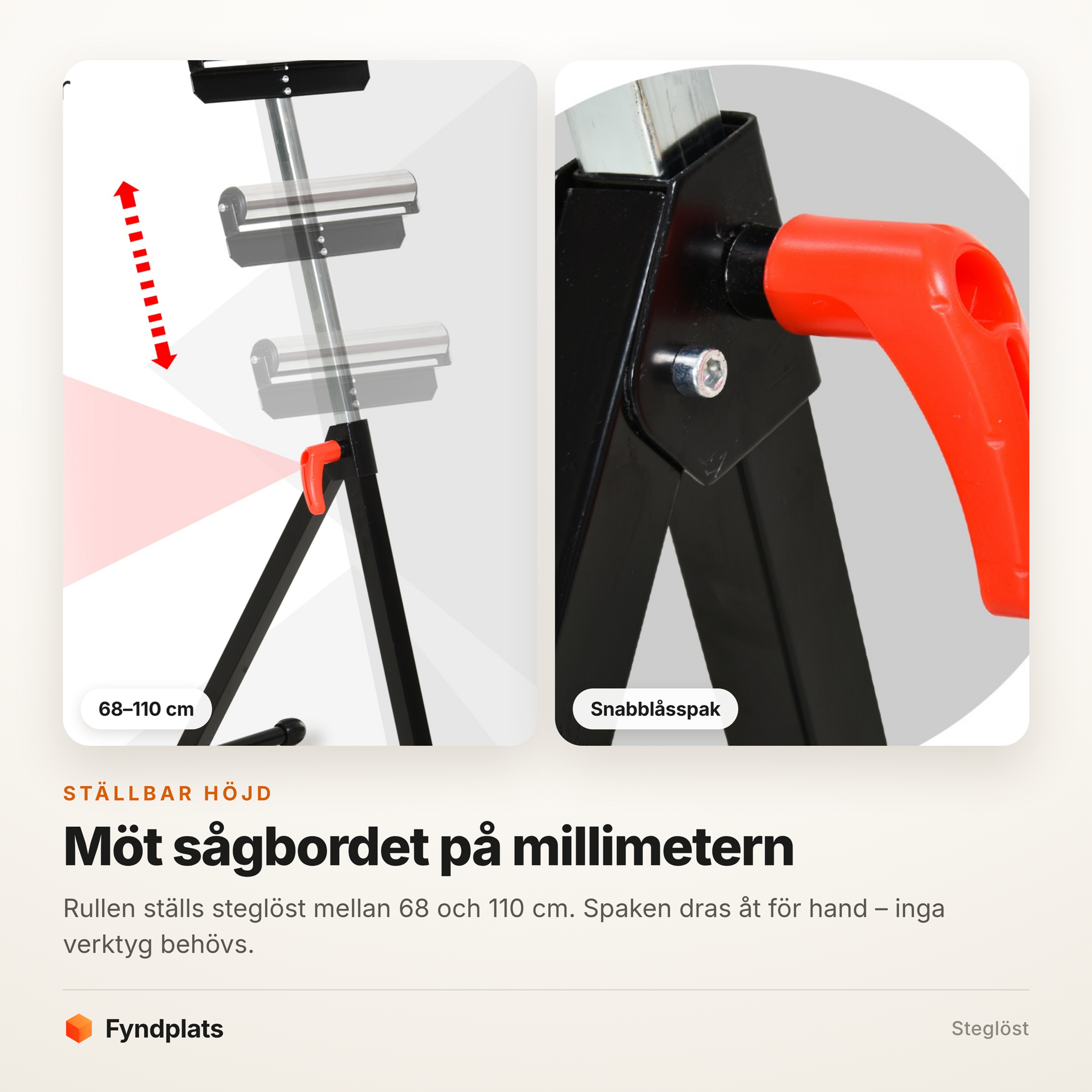 Fyndplats-kort om höjdinställningen mellan 68 och 110 cm med närbild på snabblåsspaken