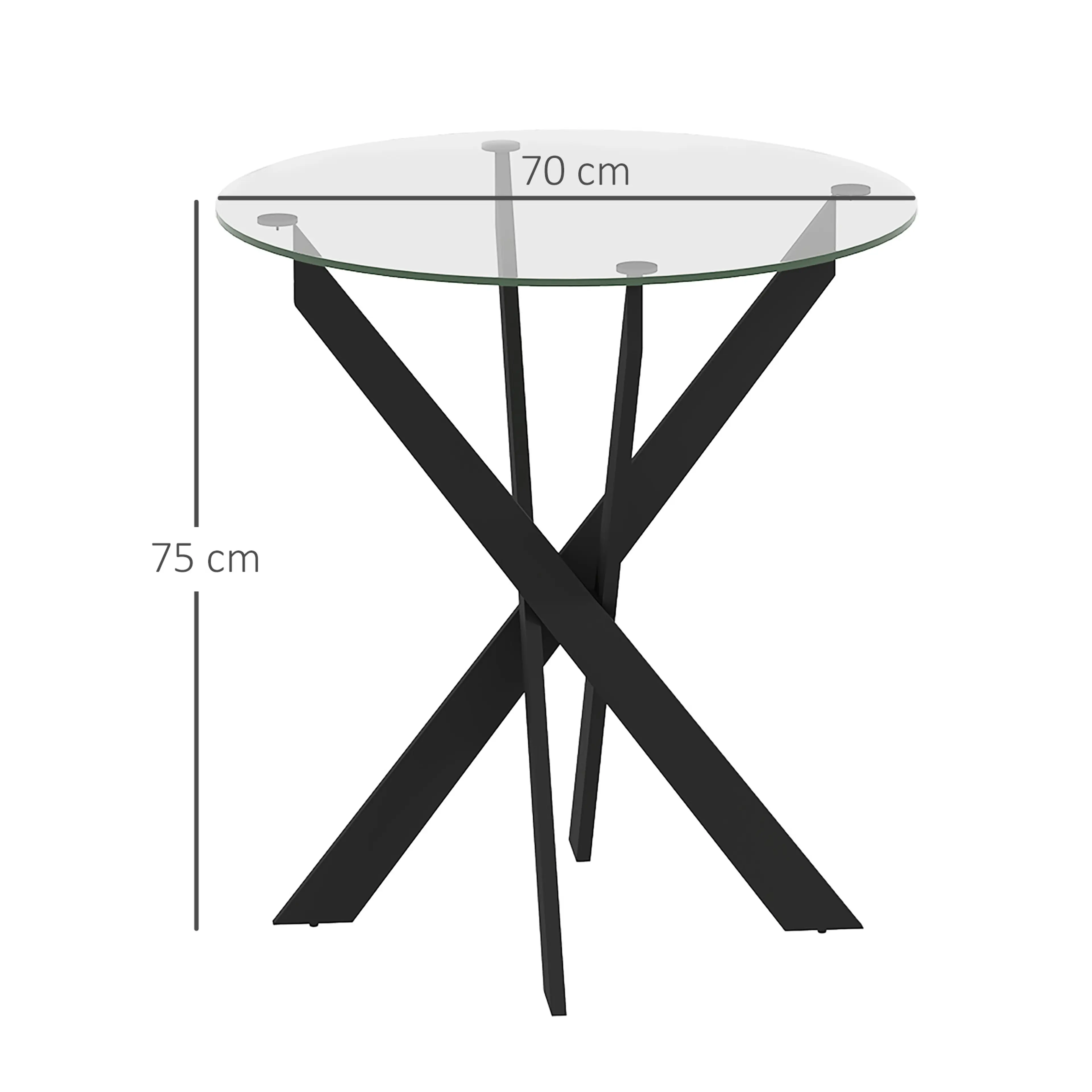 Måttritning över glasmatbordet med diametern 70 cm och höjden 75 cm