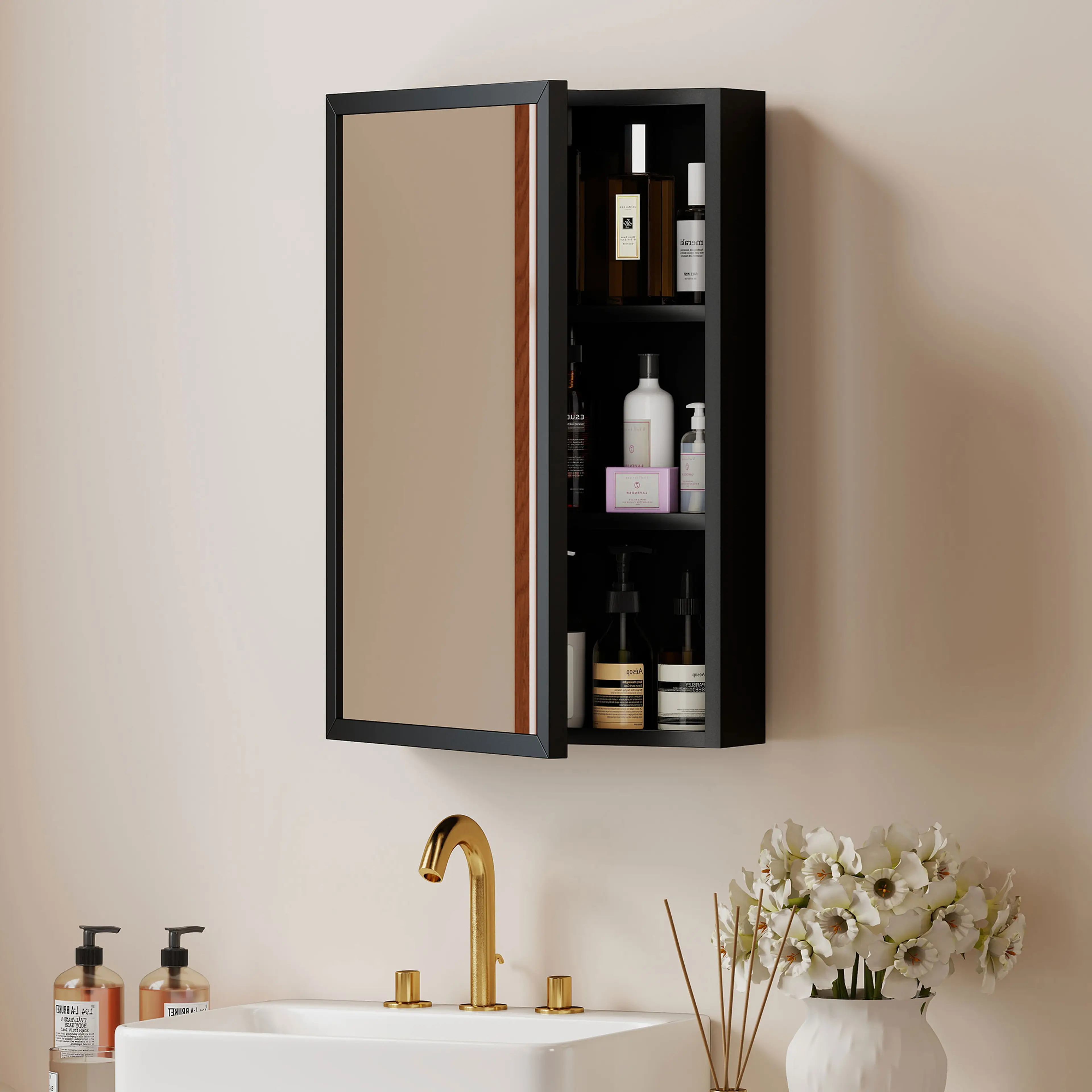 Spegelskåp 40 × 60 cm med ram – svart, färdigmonterat – bild 3