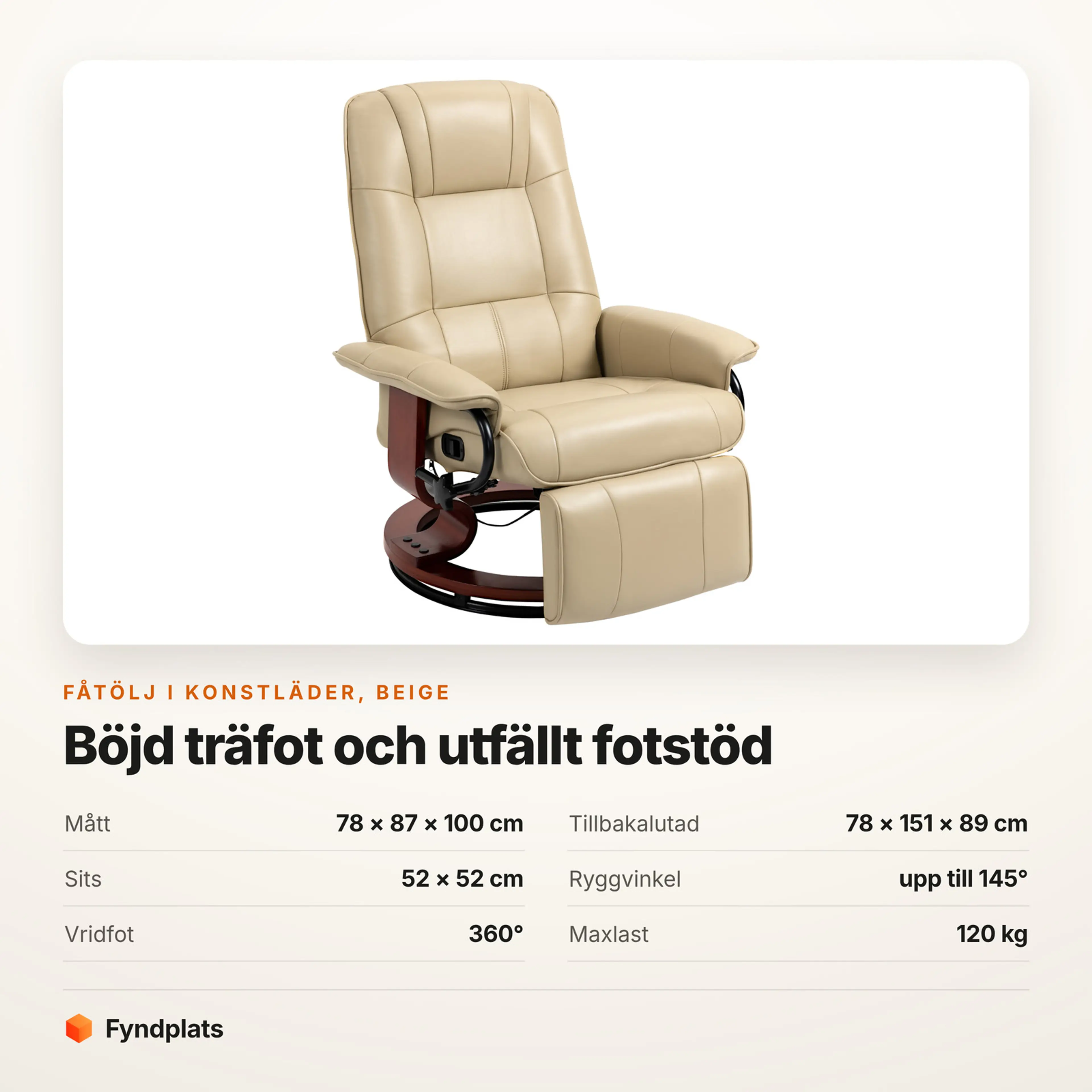Fåtölj i konstläder med 360° vridfot, rygg till 145° – Faktakort med mått, ryggvinkel, vridfot och maxlast