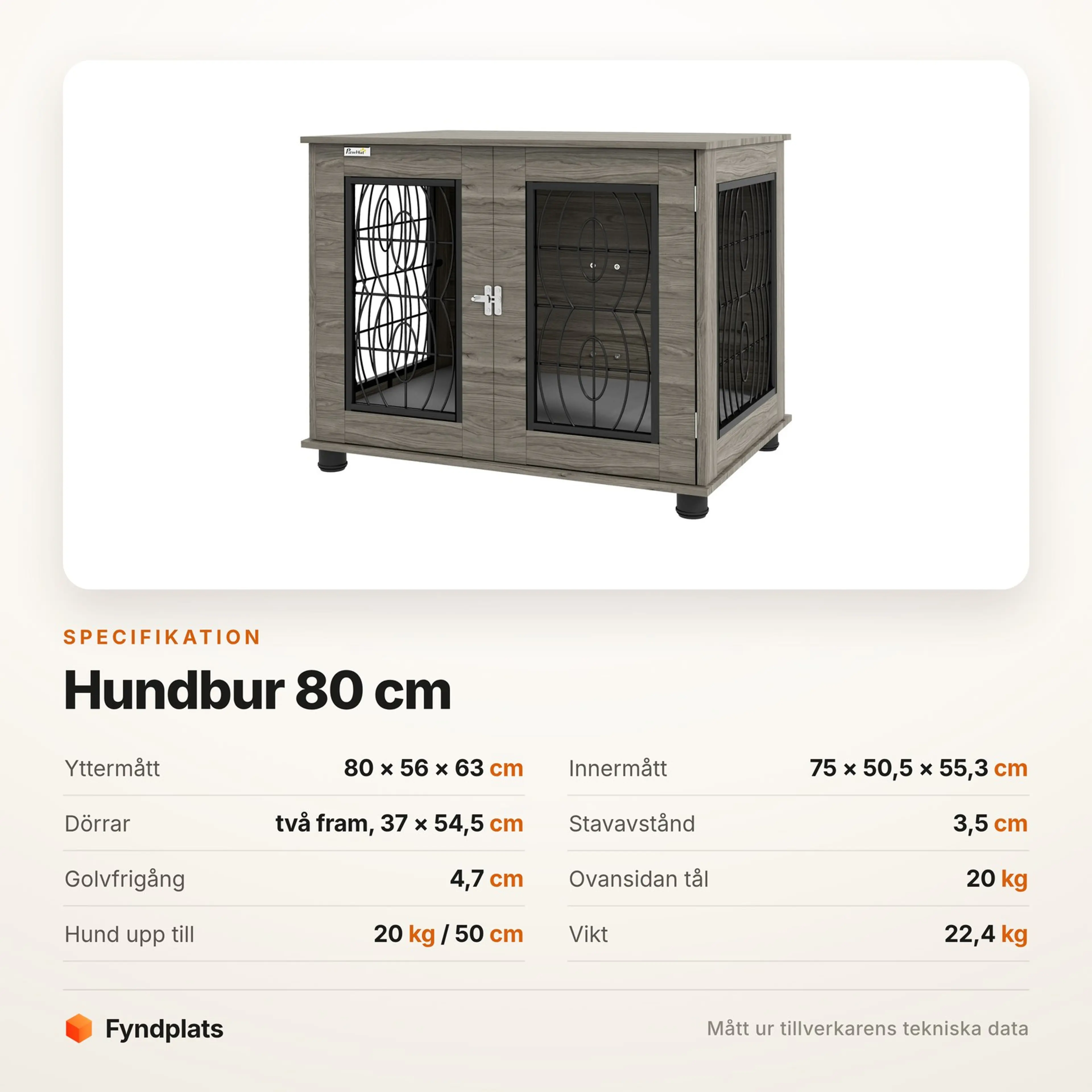 Spec-kort för hundbur 80 cm med yttermått, innermått, dörrmått och vikt