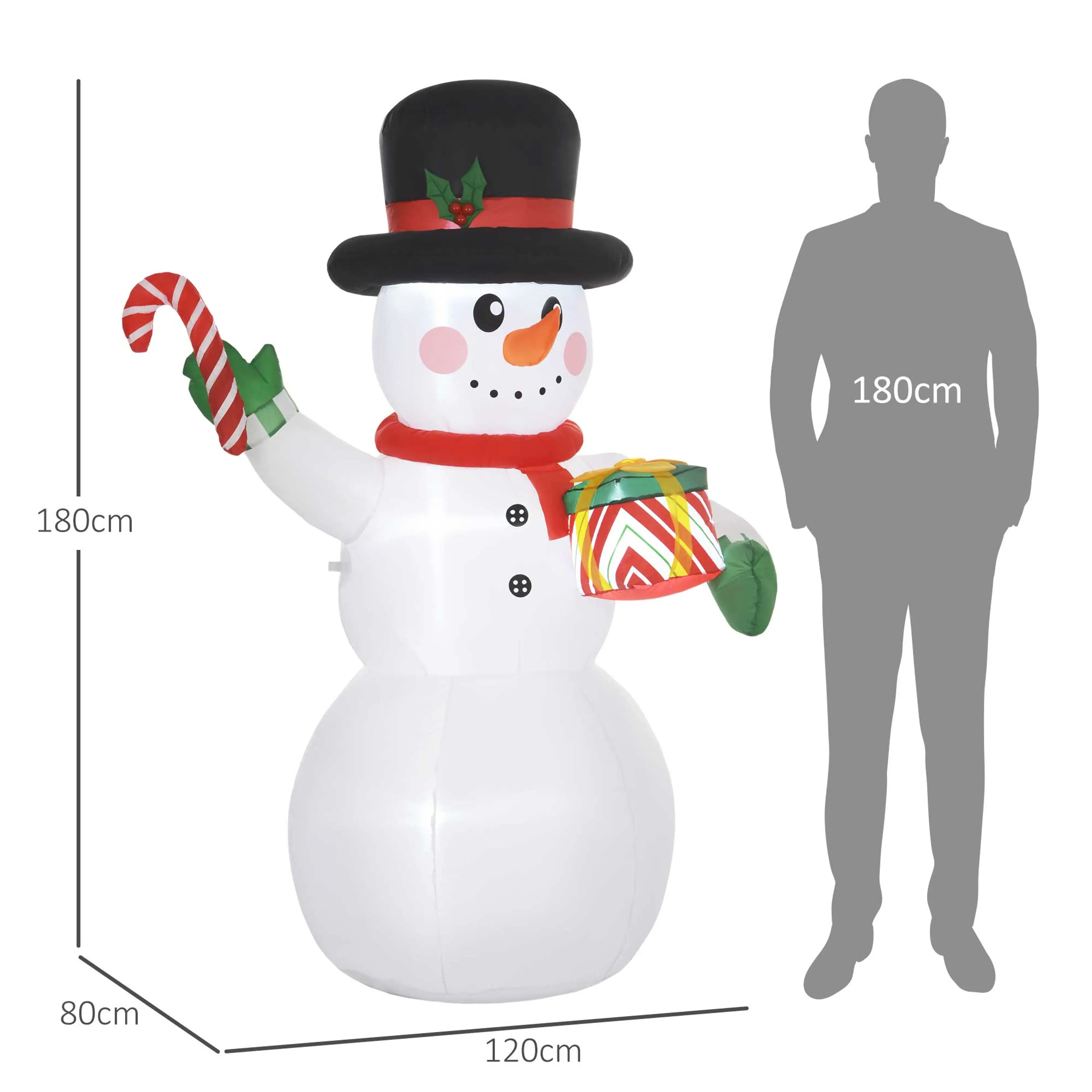 Måttbild: snögubben är 180 cm hög, 120 cm bred och 80 cm djup, bredvid en mänsklig siluett