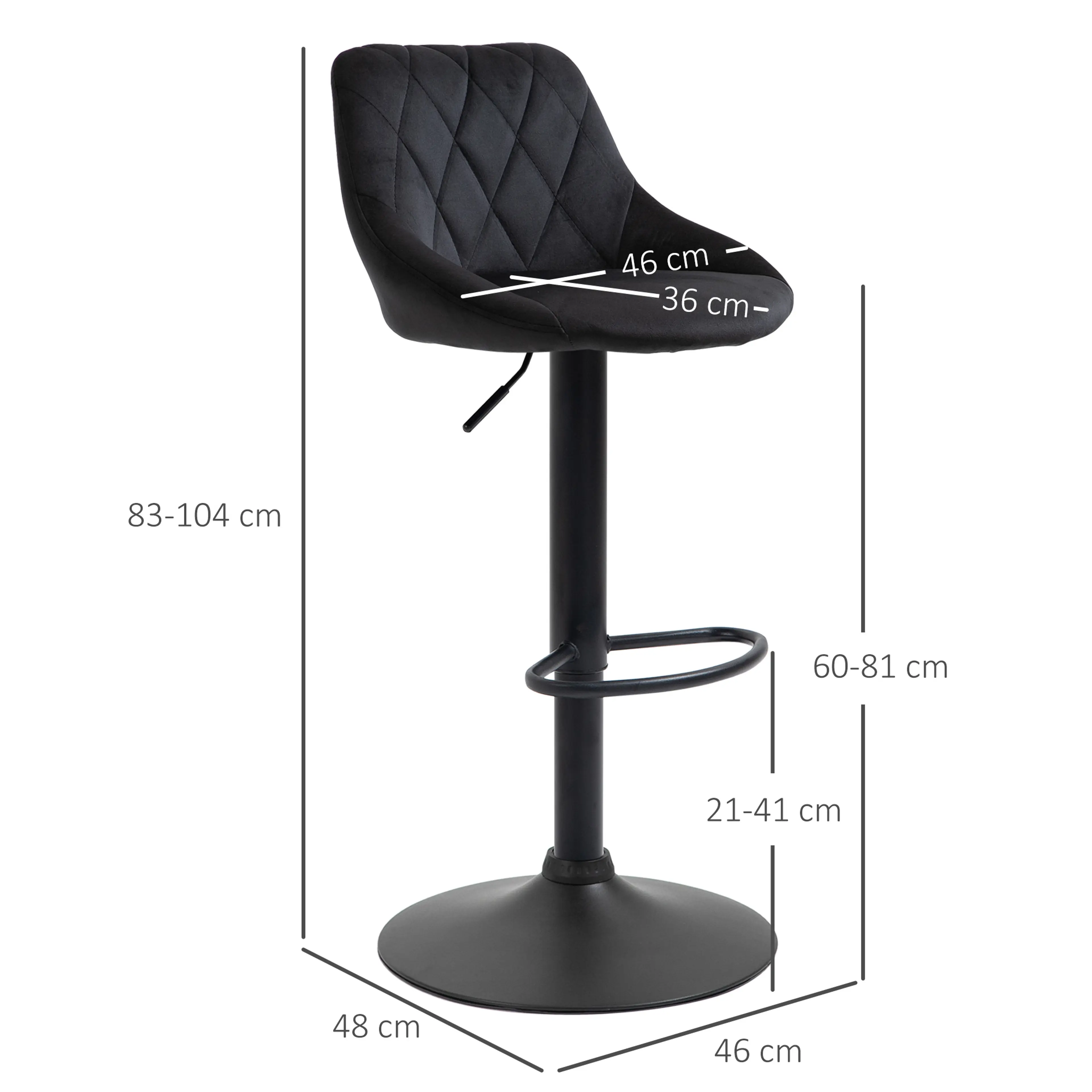 Måttskiss med sitthöjd 60–81 cm, totalhöjd 83–104 cm och sits på 46 cm