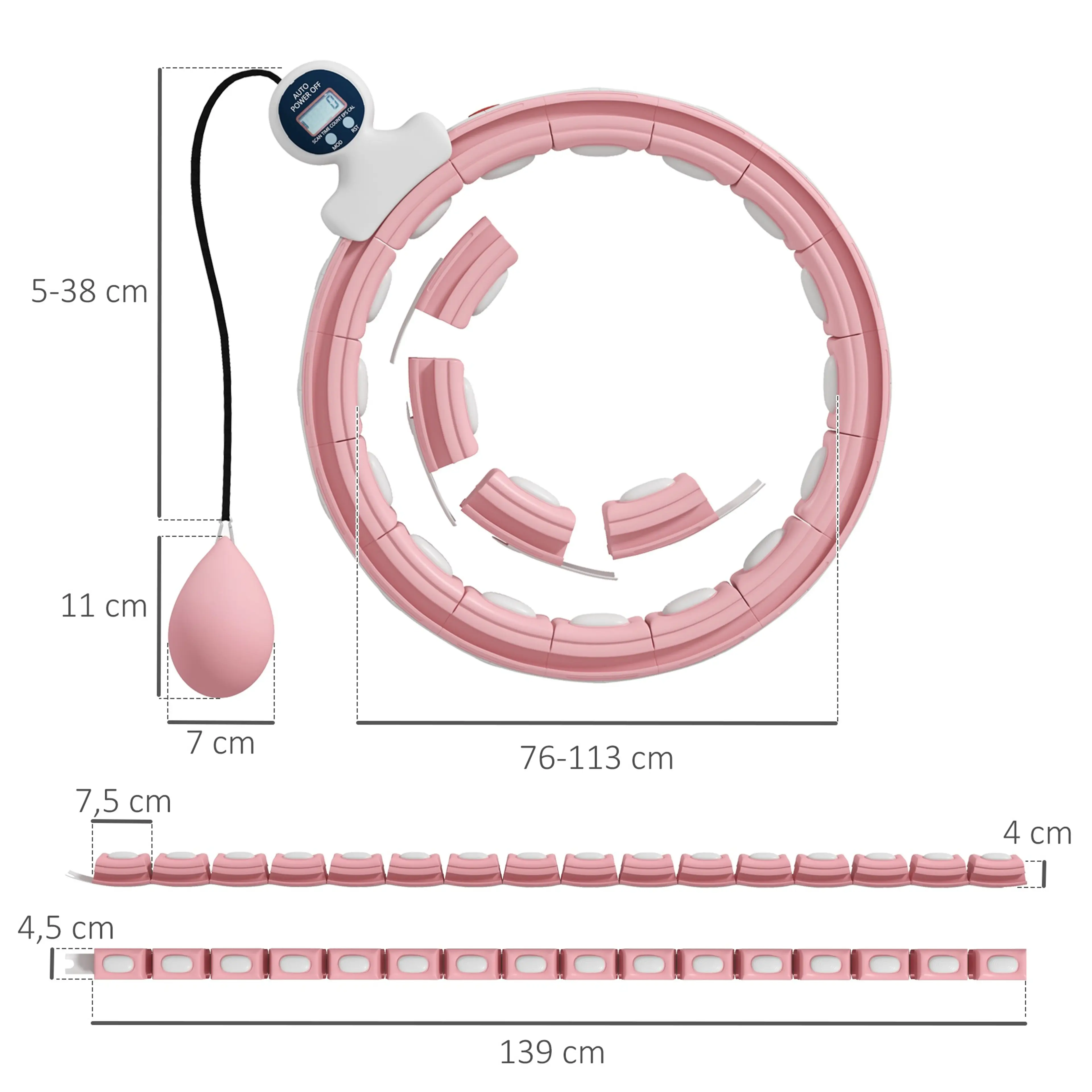 Måttbild: ringen passar midjor på 76–113 cm och är 139 cm lång utdragen