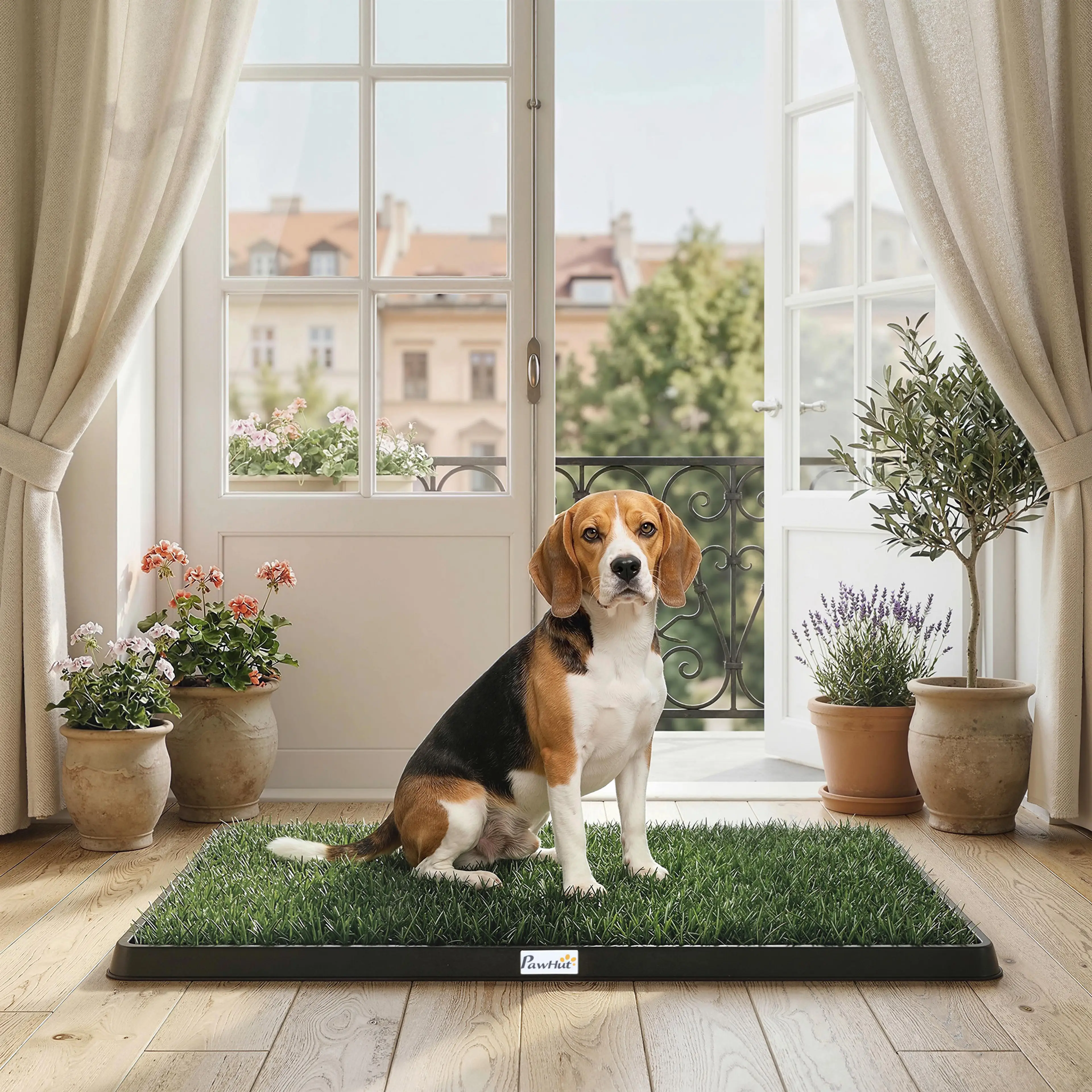 En beagle sitter på hundtoaletten vid en öppen balkongdörr