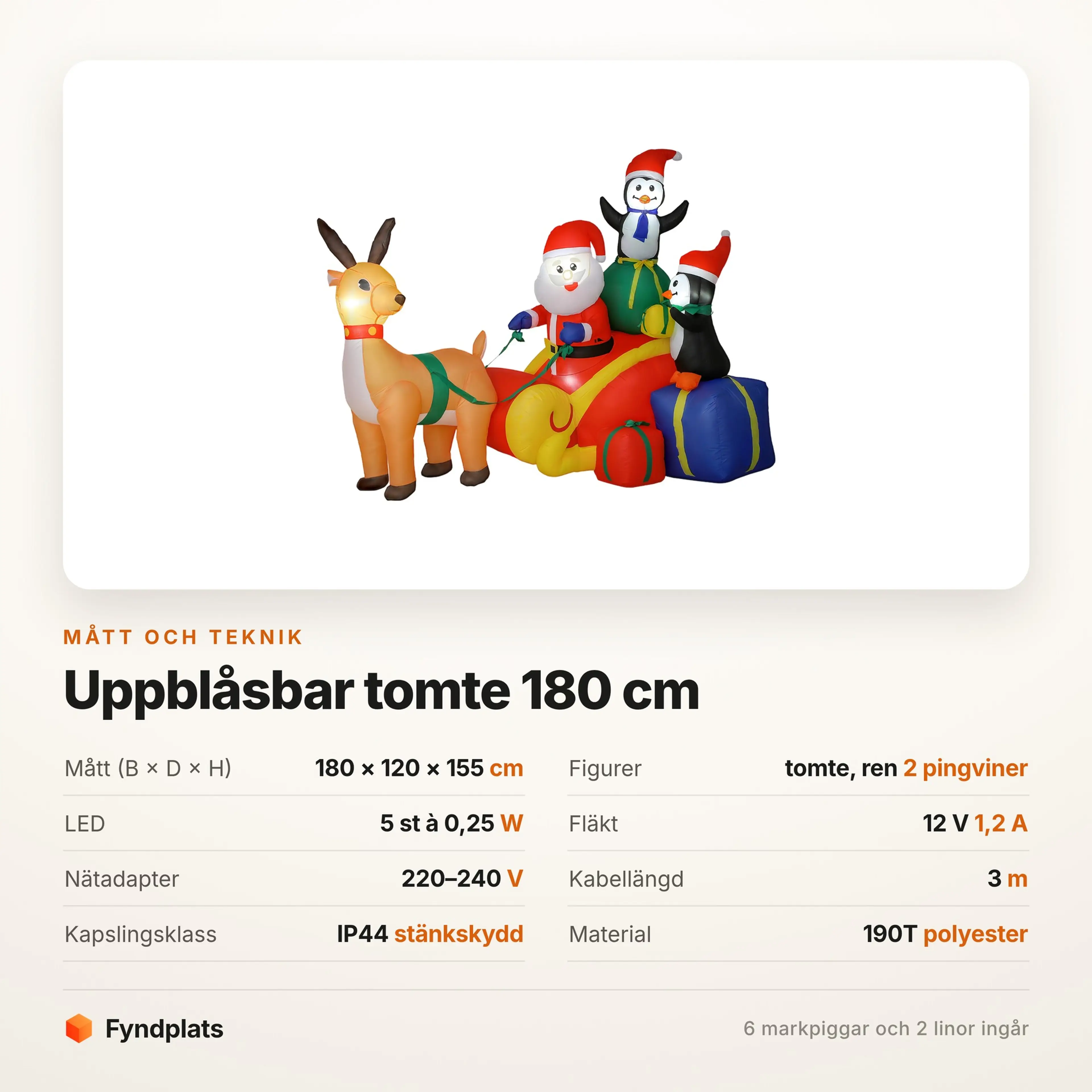 Måttabell för julfiguren: 180 × 120 × 155 cm, 5 LED och IP44