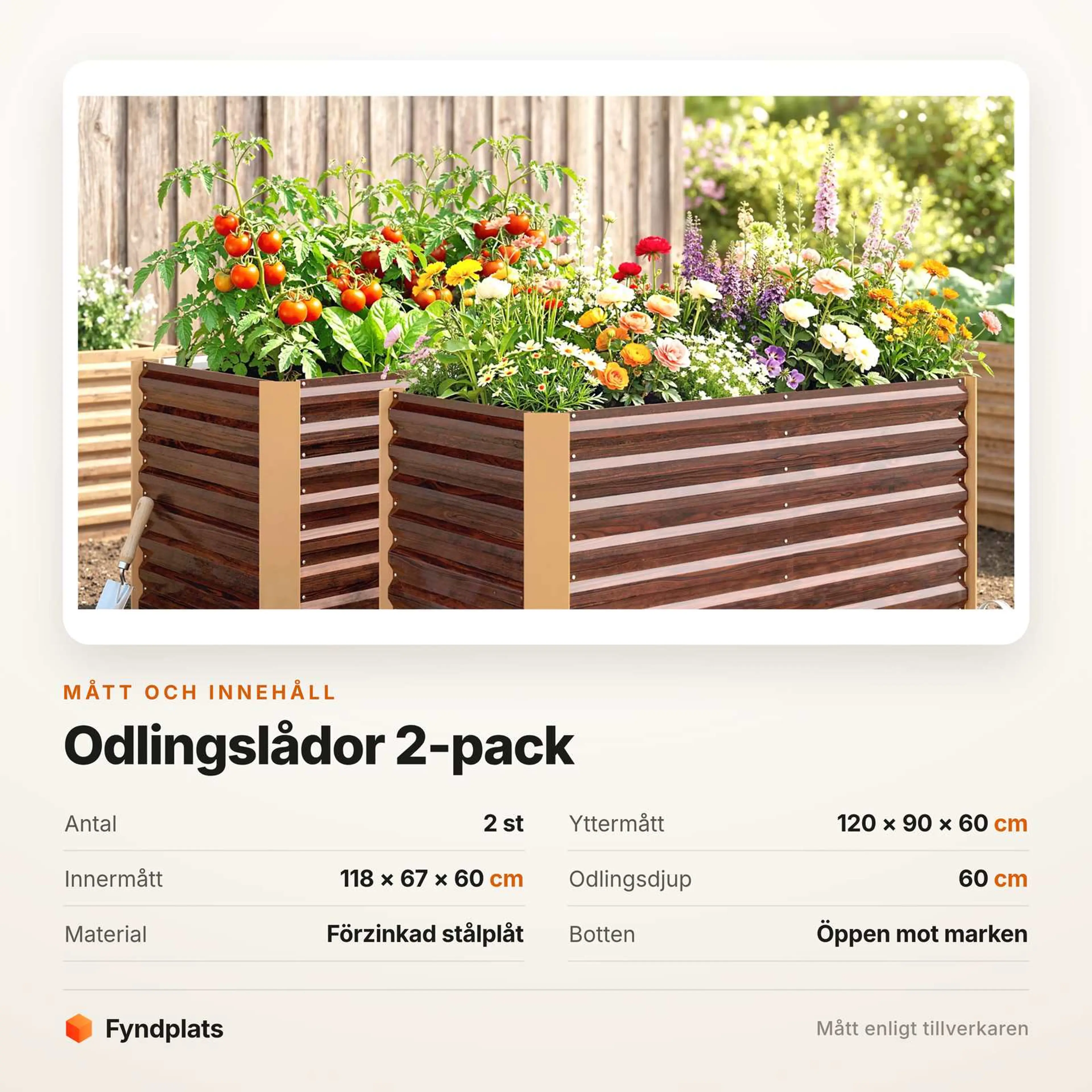 Specifikationstabell: 2 st odlingslådor, 120 × 90 × 60 cm och 60 cm odlingsdjup