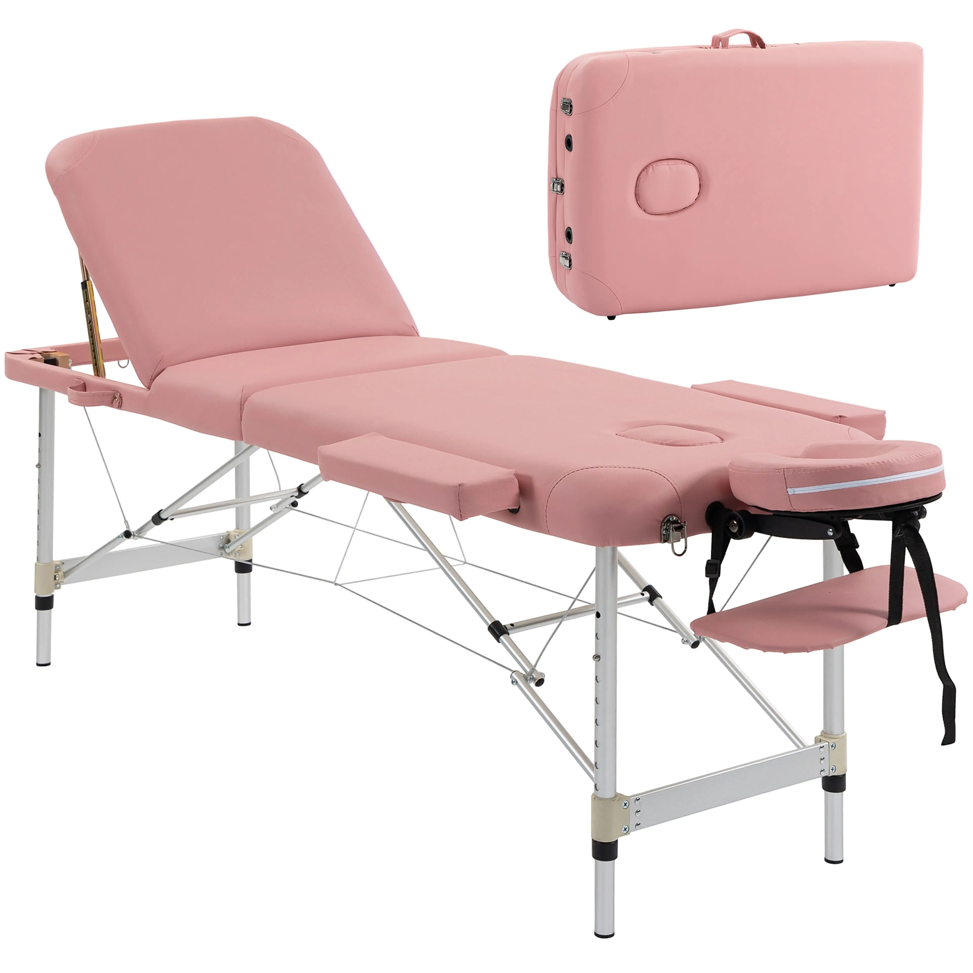 Hopfällbar massagebänk i aluminium med nackstöd – rosa, 9 höjder, 225 kg