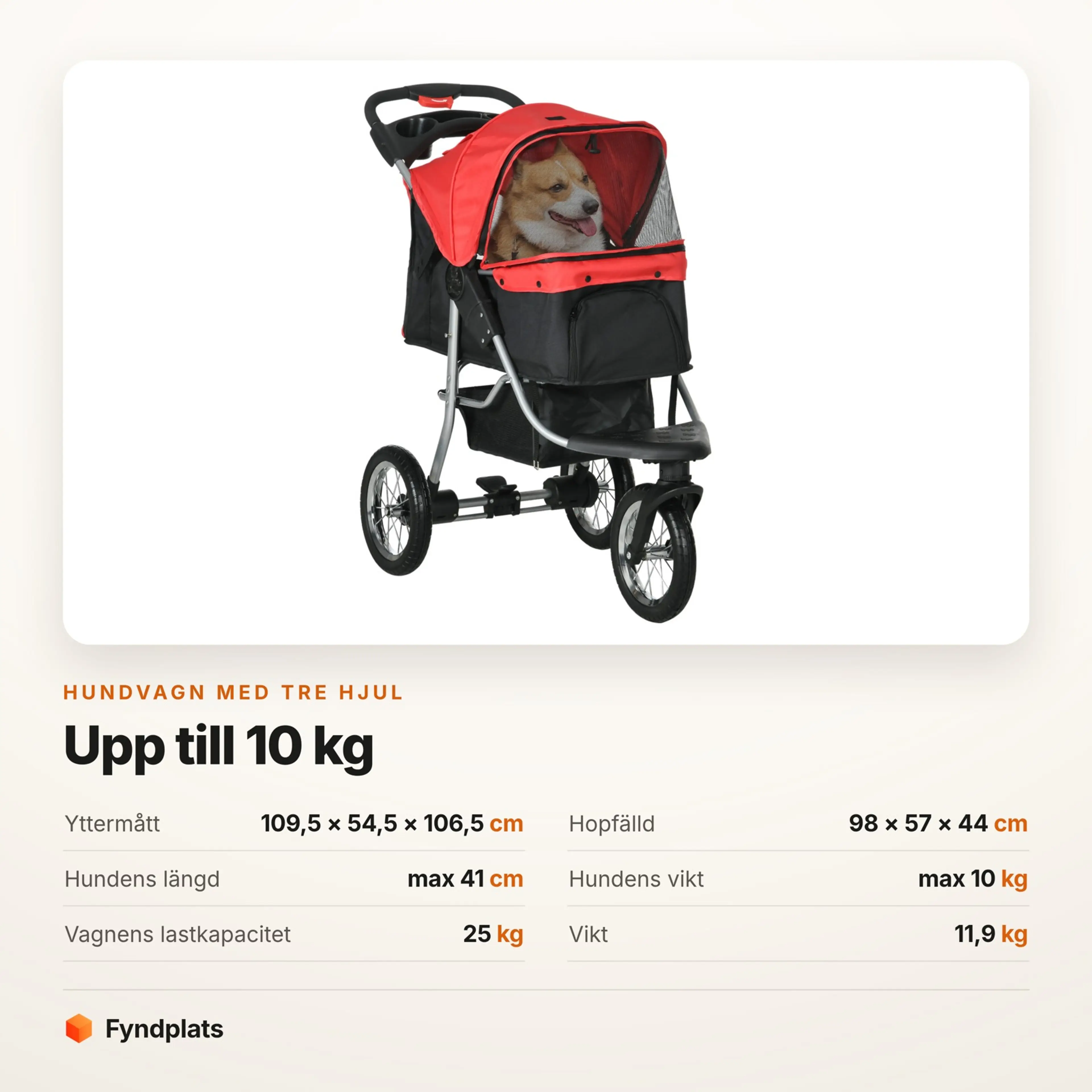 Fyndplats-kort med mått och vikt för hundvagnen med tre hjul