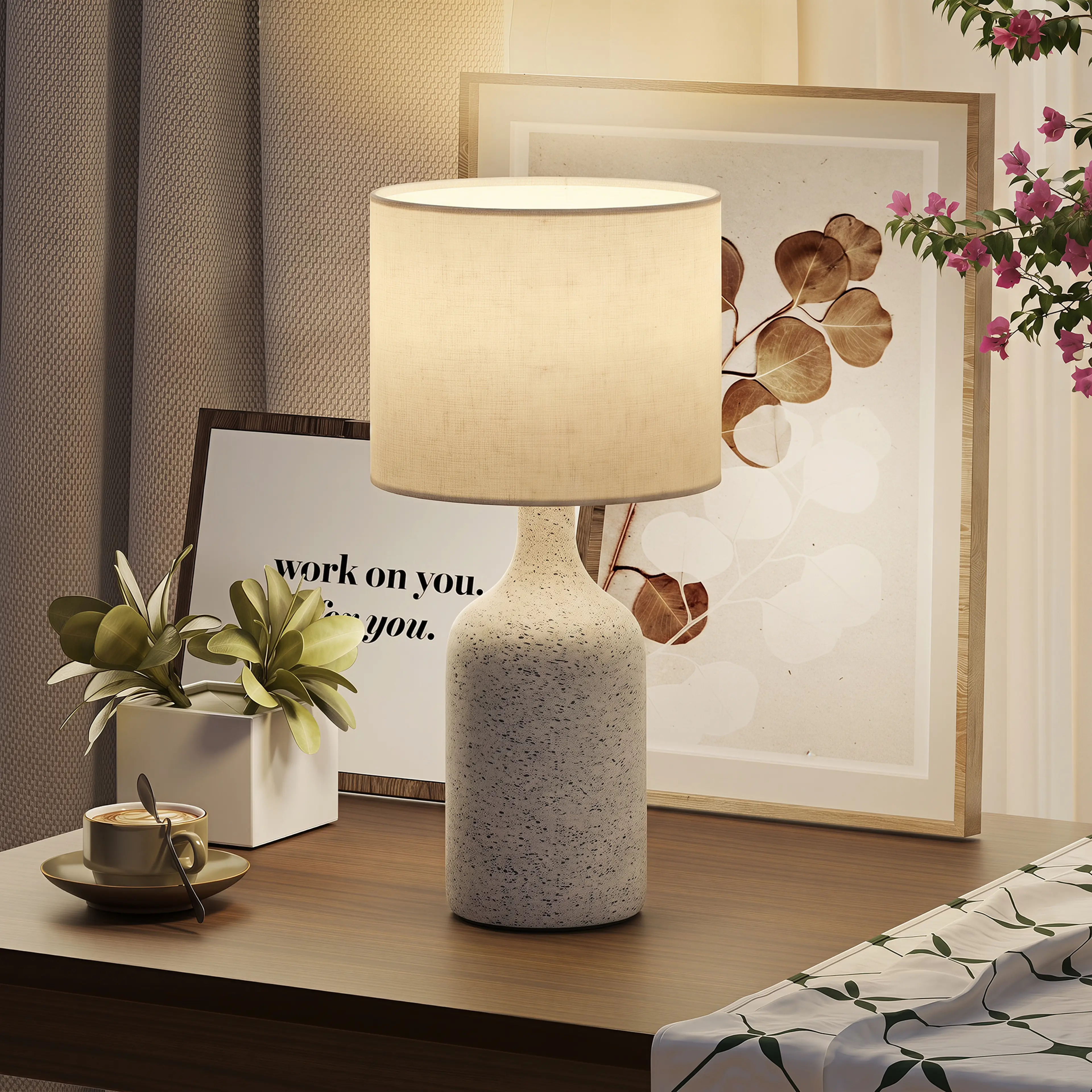 Bordslampa i keramik 45 cm – sandfärgad fot och skärm i linnelook – bild 6