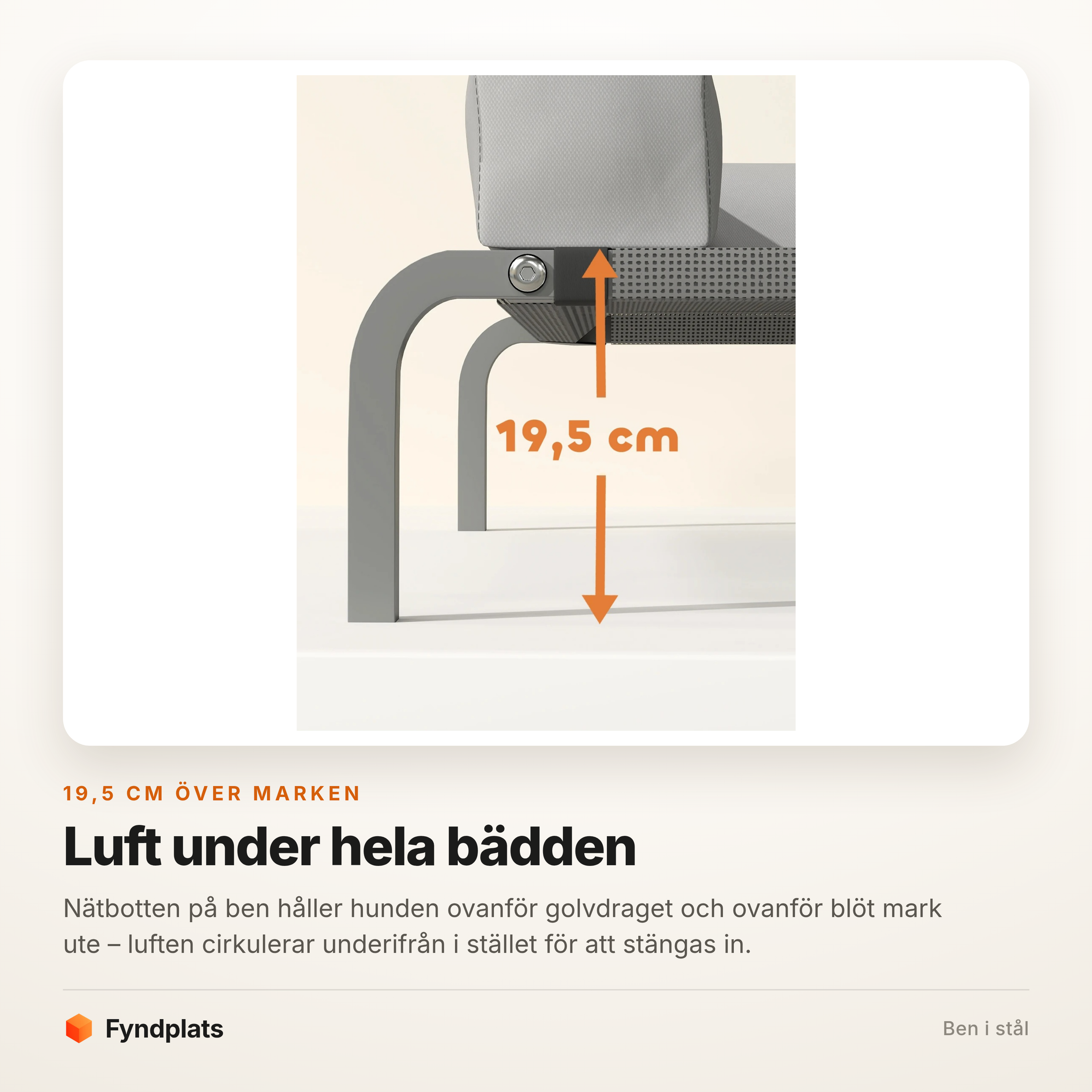 Närbild som visar hundbäddens 19,5 cm fria höjd över marken