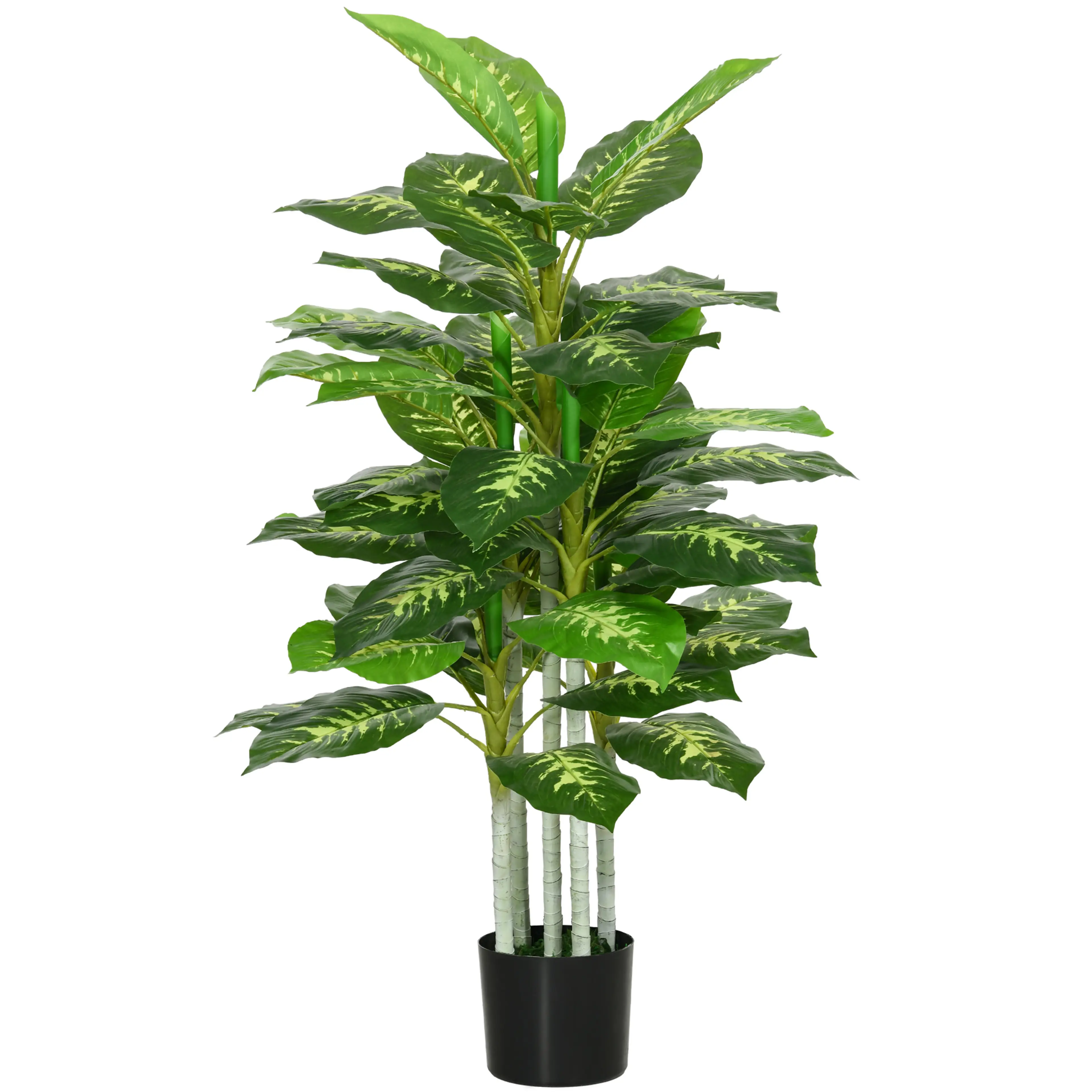 Konstgjord dieffenbachia med gulrandiga gröna blad i svart kruka, på vit bakgrund