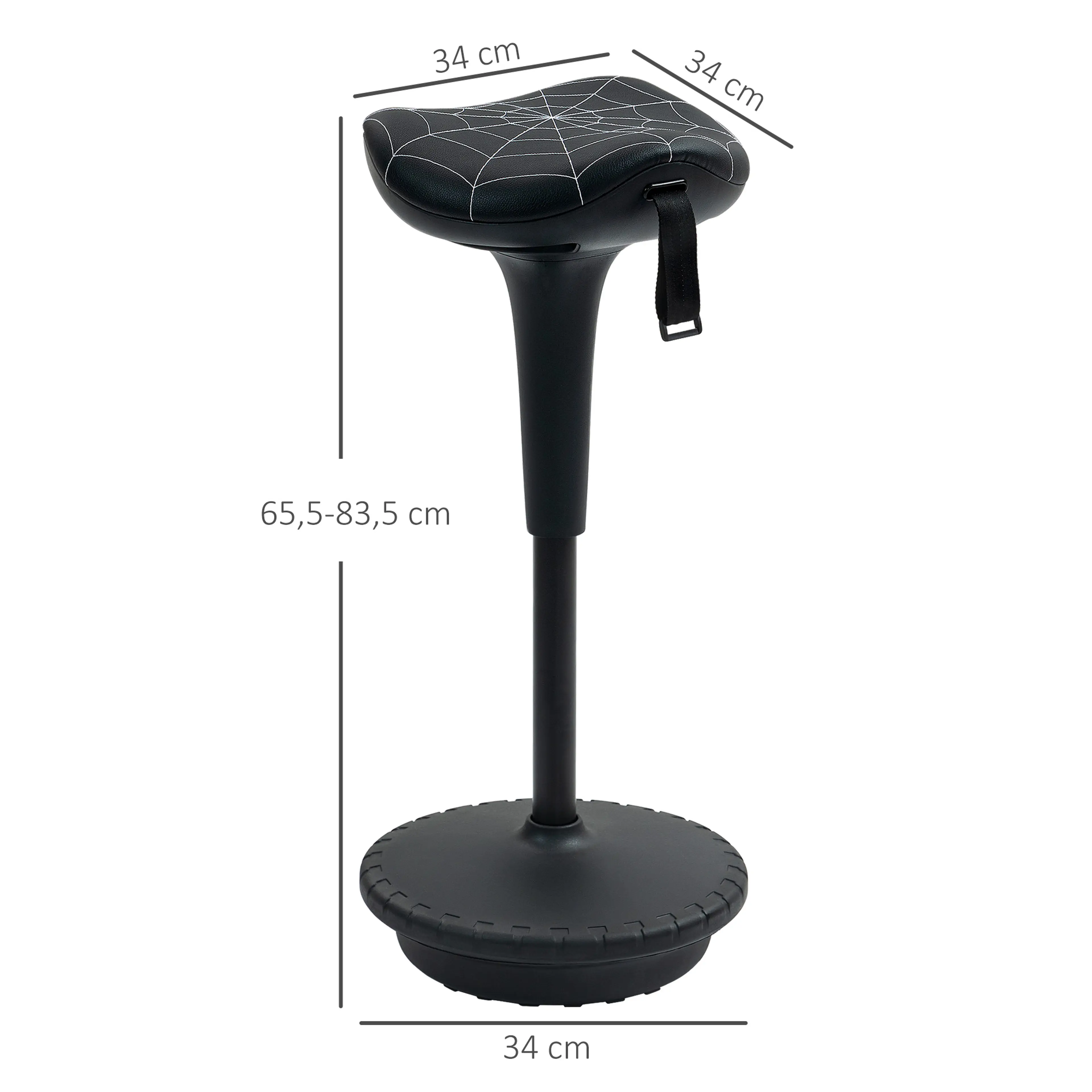 Måttbild: sitsen är 34 × 34 cm, foten Ø34 cm och höjden 65,5–83,5 cm