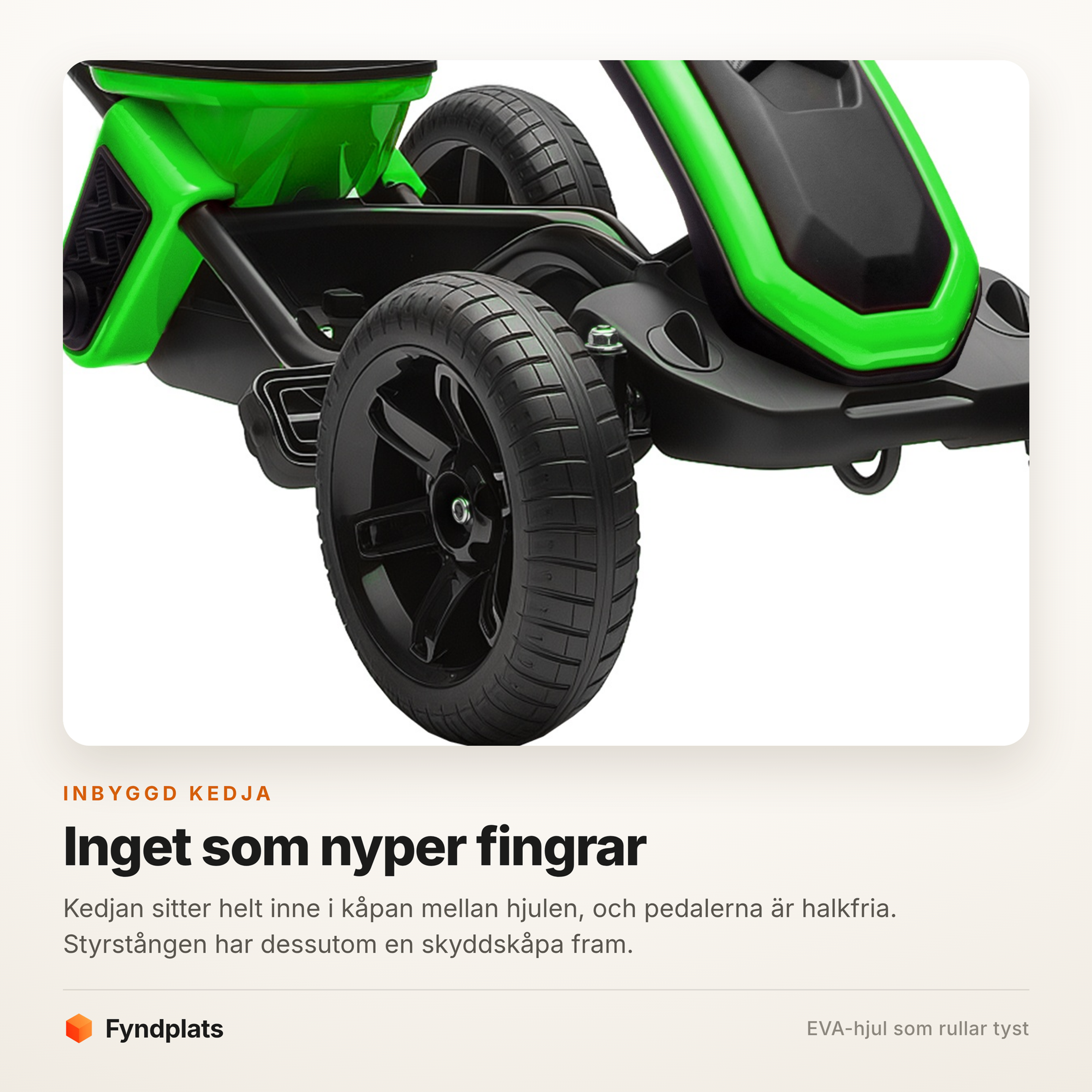 Fyndplats-kort som visar den inbyggda kedjekåpan mellan hjulen