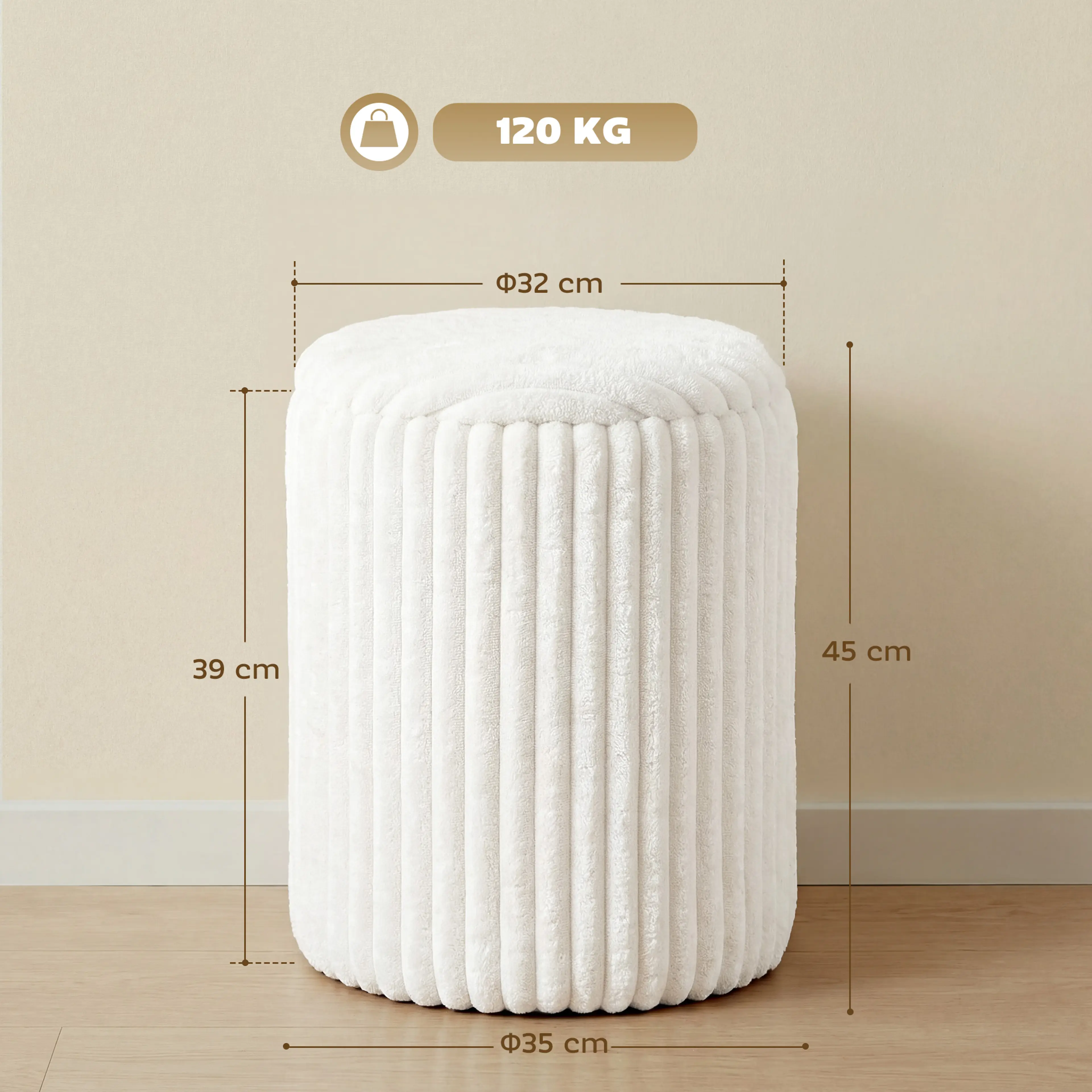 Måttbild: puffen är Ø35 cm och 45 cm hög, förvaringen är Ø32 cm och 39 cm djup, och den bär 120 kg