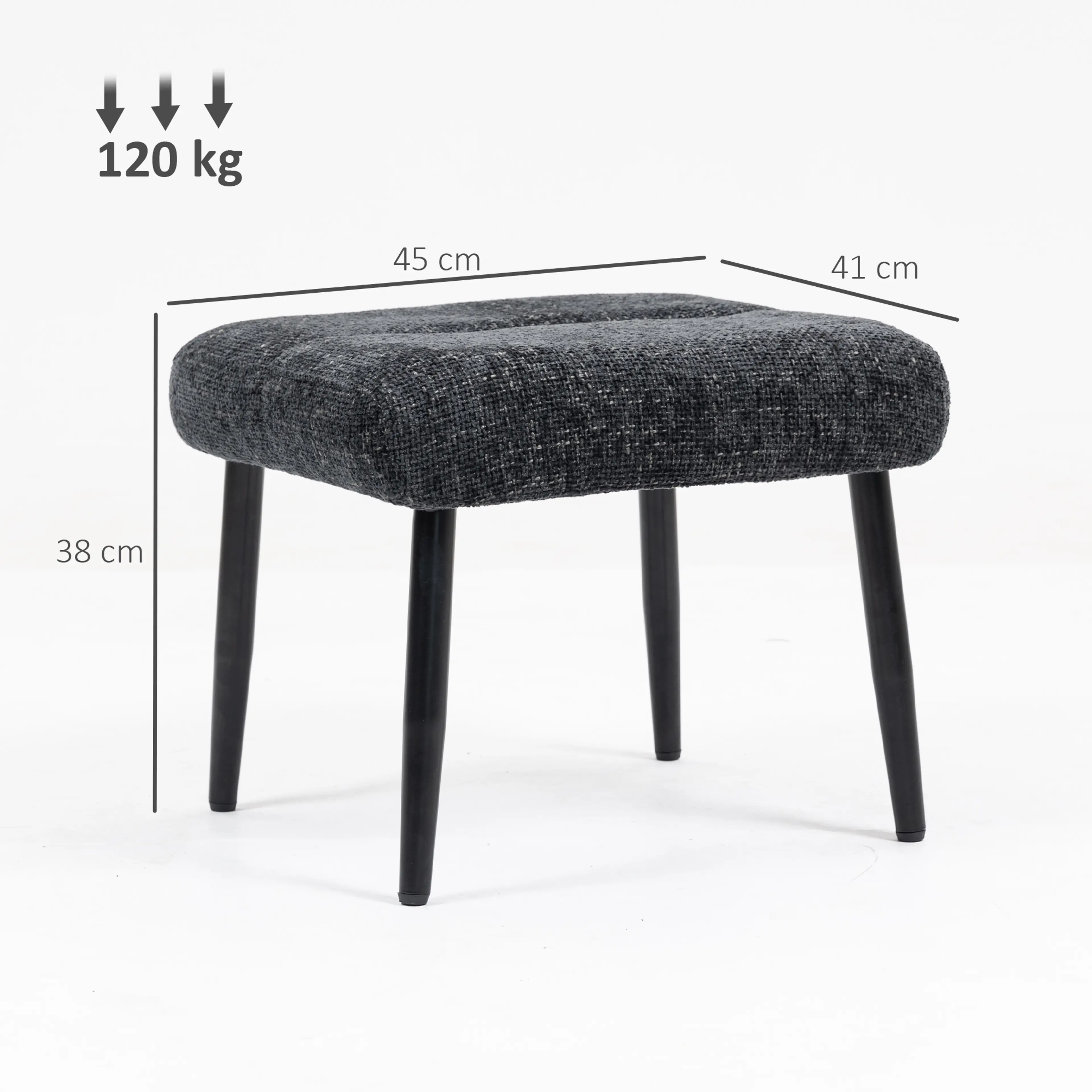 Måttbild: pallen är 45 × 41 × 38 cm och bär 120 kg