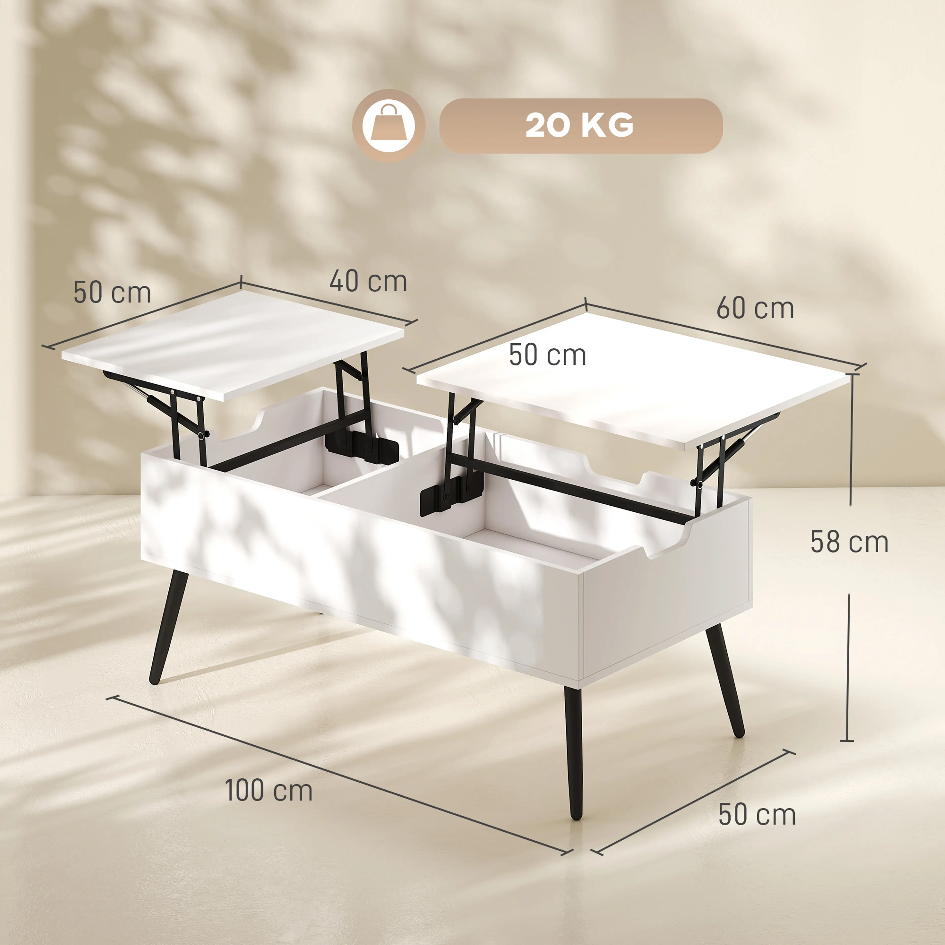 Måttritning för bordet: 100 × 50 cm, skivor 60 och 40 cm samt uppfälld höjd 58 cm